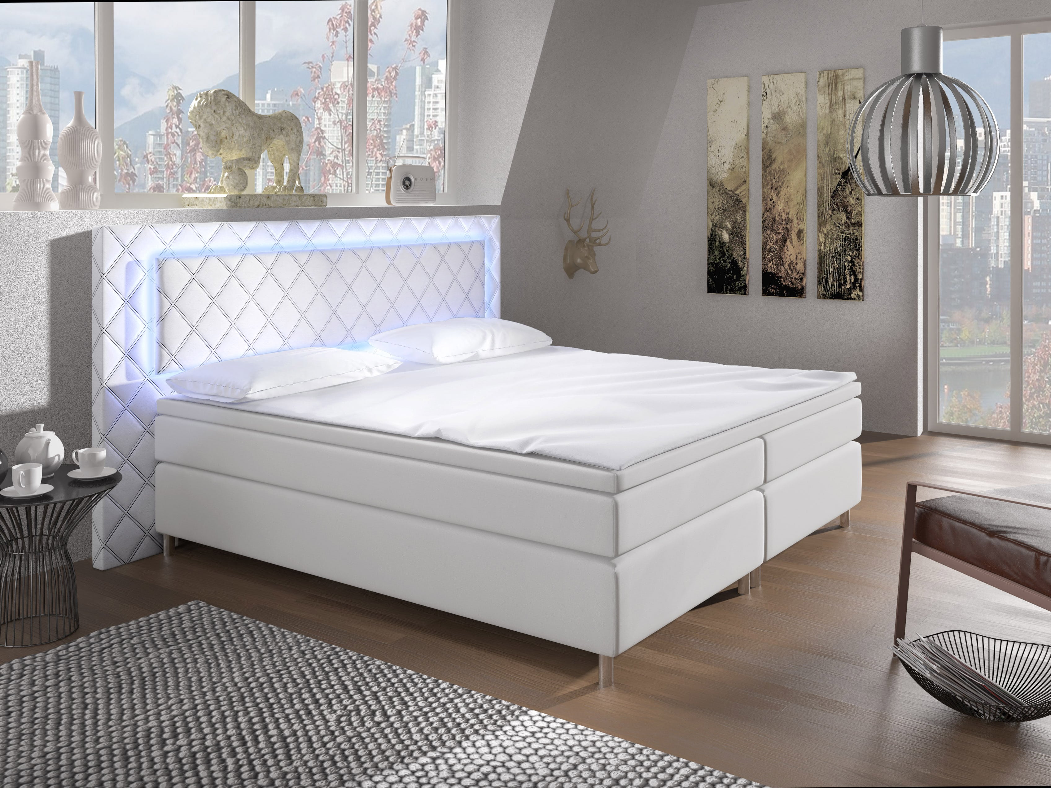 MOB, Manželská posteľ Boxspring 180 cm - Pius (biela) (s matracmi)