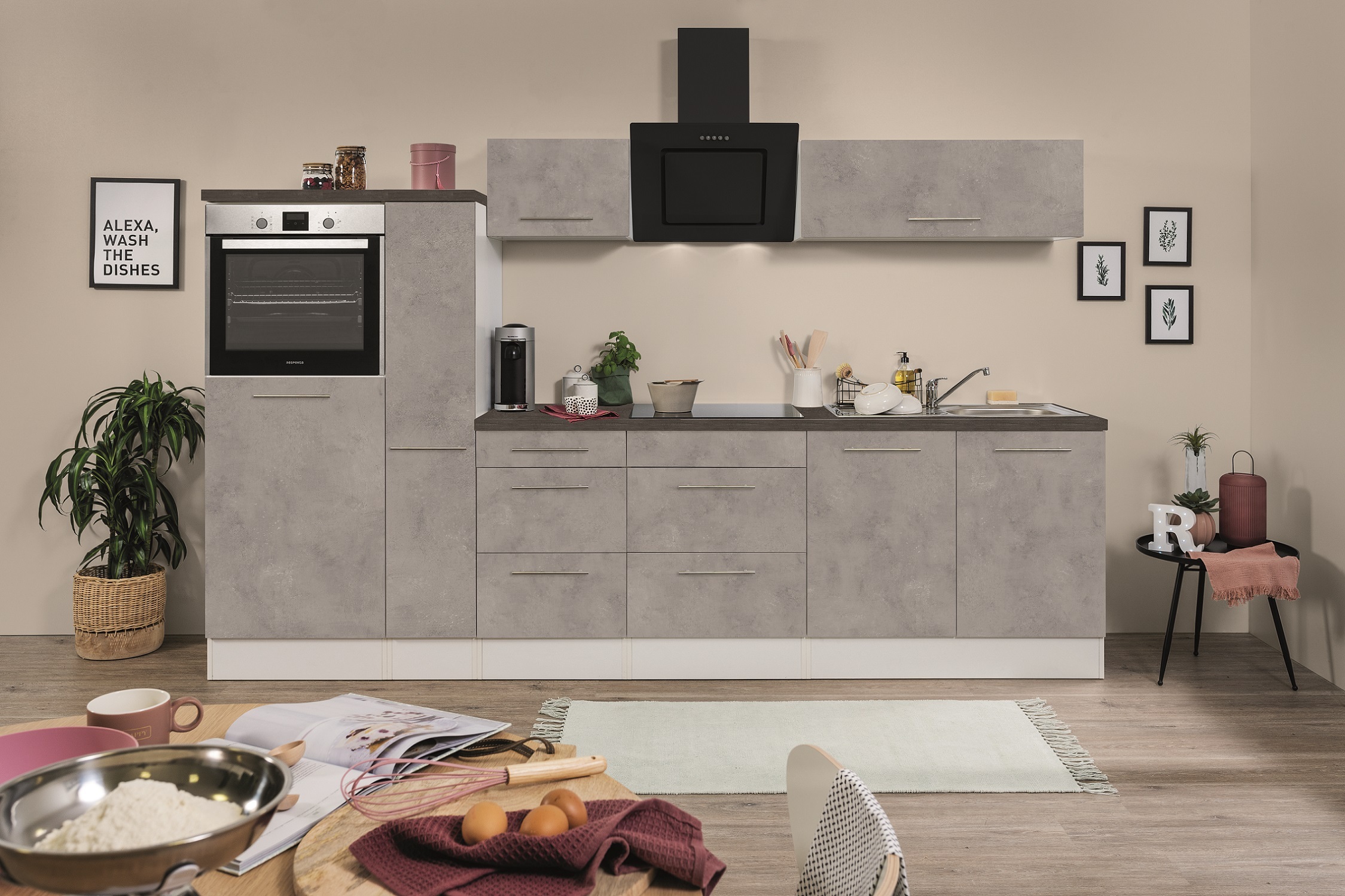 Küche Küchenzeile Küchenblock Beton Amanda 300 cm Respekta Premium RP300HWB