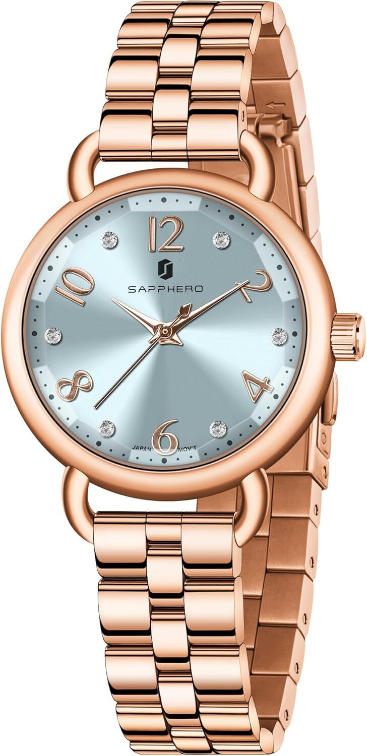 SAPPHERO Damen Armbanduhr - Wasserdicht mit Edelstahlarmband, Kristall Dekoration, Ringförmiges Gehäuse, Stereoskopisches Uhrglas - Quarz Armbanduhr