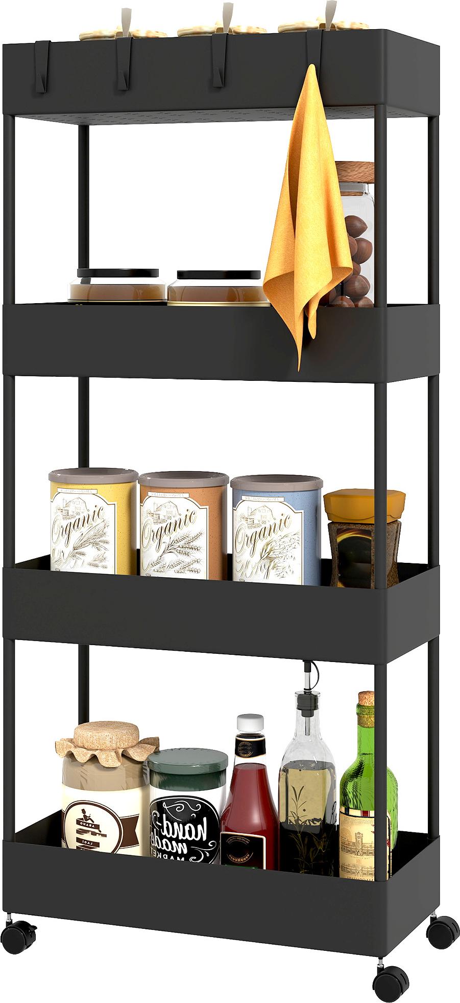 Slyrun Küchenwagen mit 4 Regalen & Haken, 90 cm Nischenwagen, schwarz, 40x19 cm, 4 Rollen, platzsparend, Küchenorganisation KAUF-QYSP-850-166V00BK-015