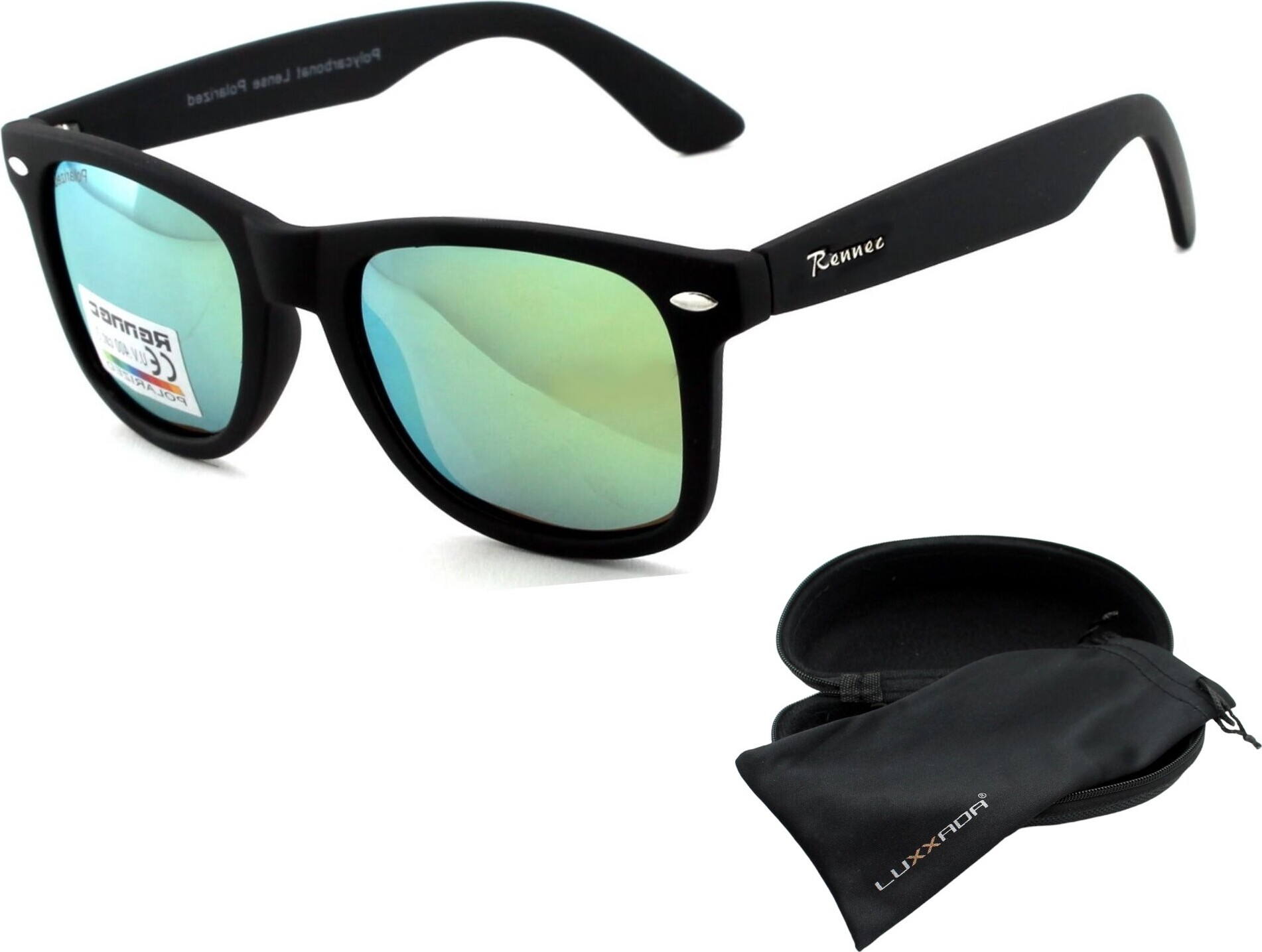 Retro Sonnenbrille Polarisiert Türkis Verspiegelt Schwarz Ovale Nerd Brille 50er 60er Jahre Markenbrille Rennec Brillenbox P11SW-Türkis-BOX