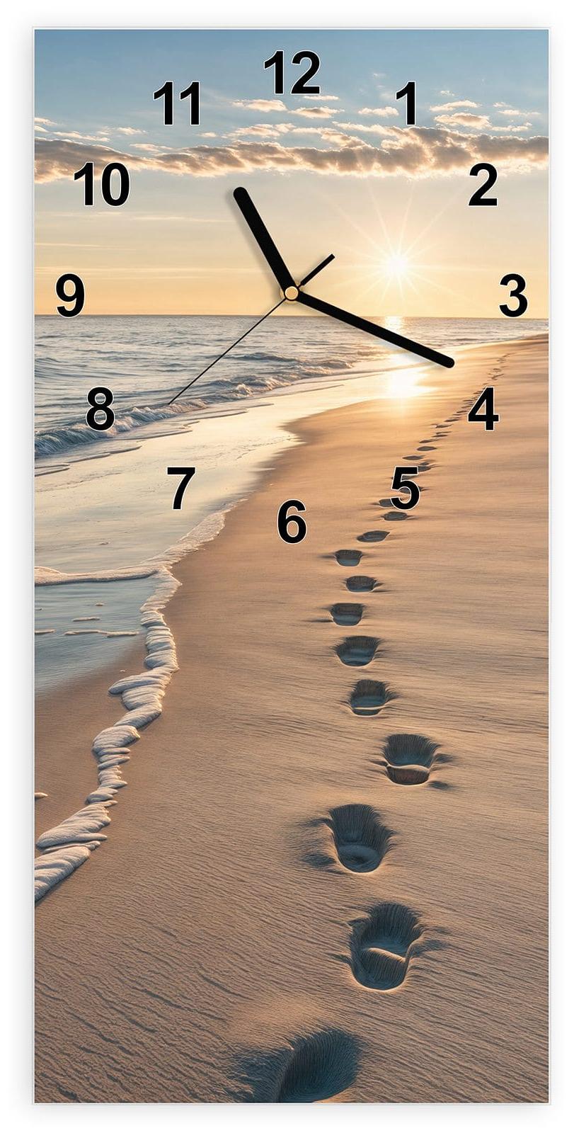 Primedeco Wanduhr aus Glas mit Motiv Strandspuren- 30 x 60 cm - inkl. Aufhängesystem