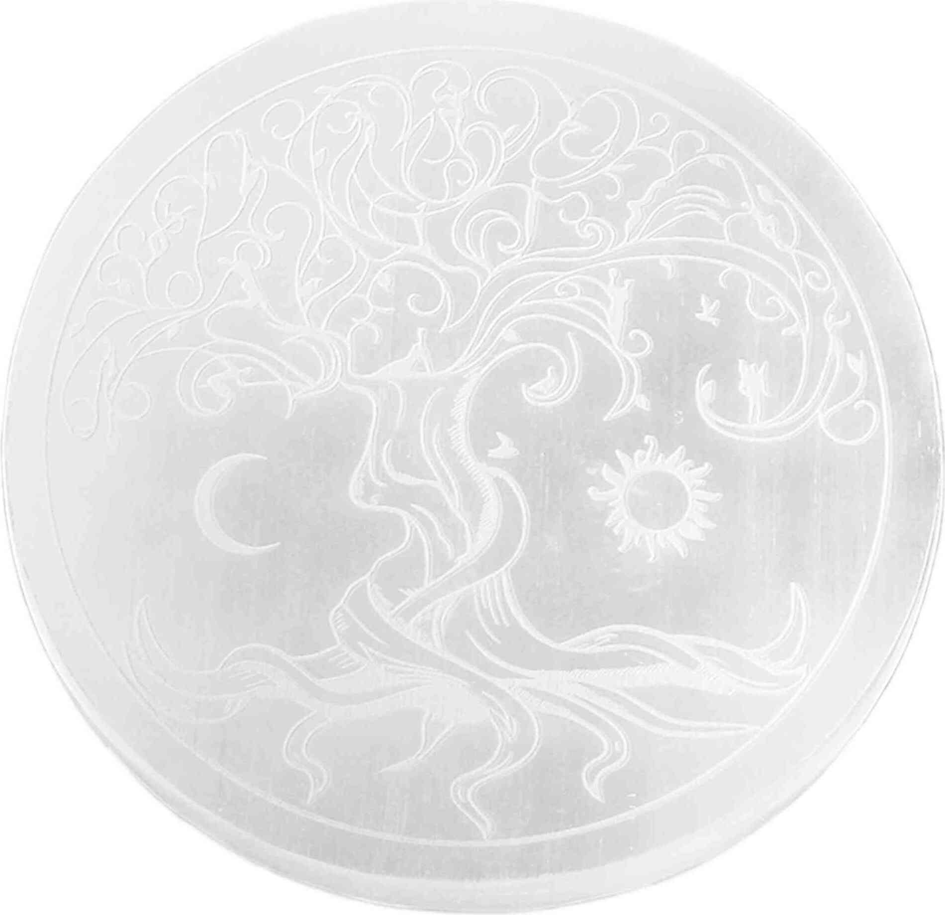 NKlaus Selenit Platte 13,5 cm – Baum mit Sonne & Mond Gravur, spirituelle Deko