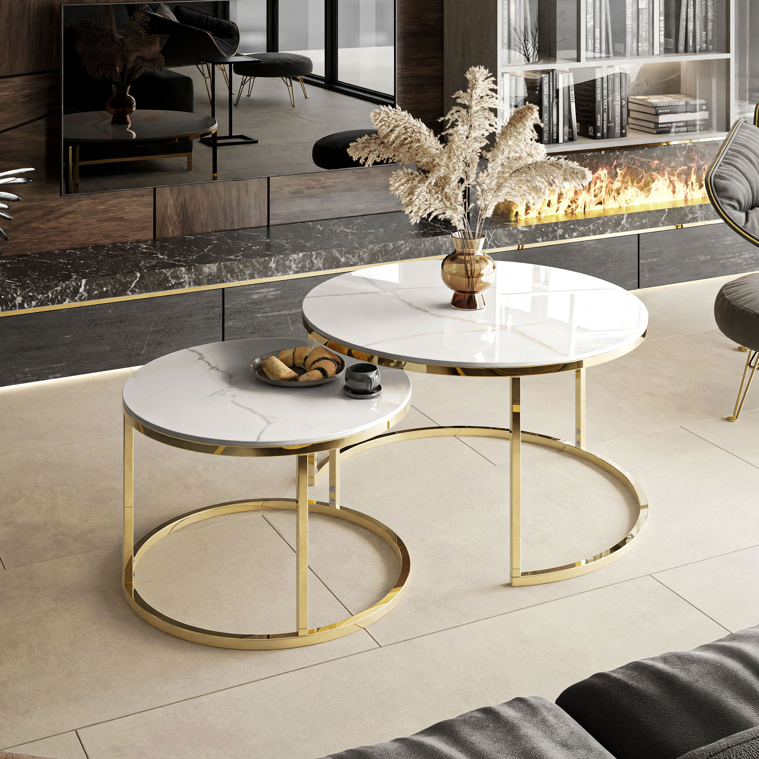 Ginhow Couchtisch Rund Mit Glas Schwarz, Glastisch Rund 2er Set, Satztische Modern Schwarz Fürs Wohnzimmer, ø70 Und ø 50 Cm