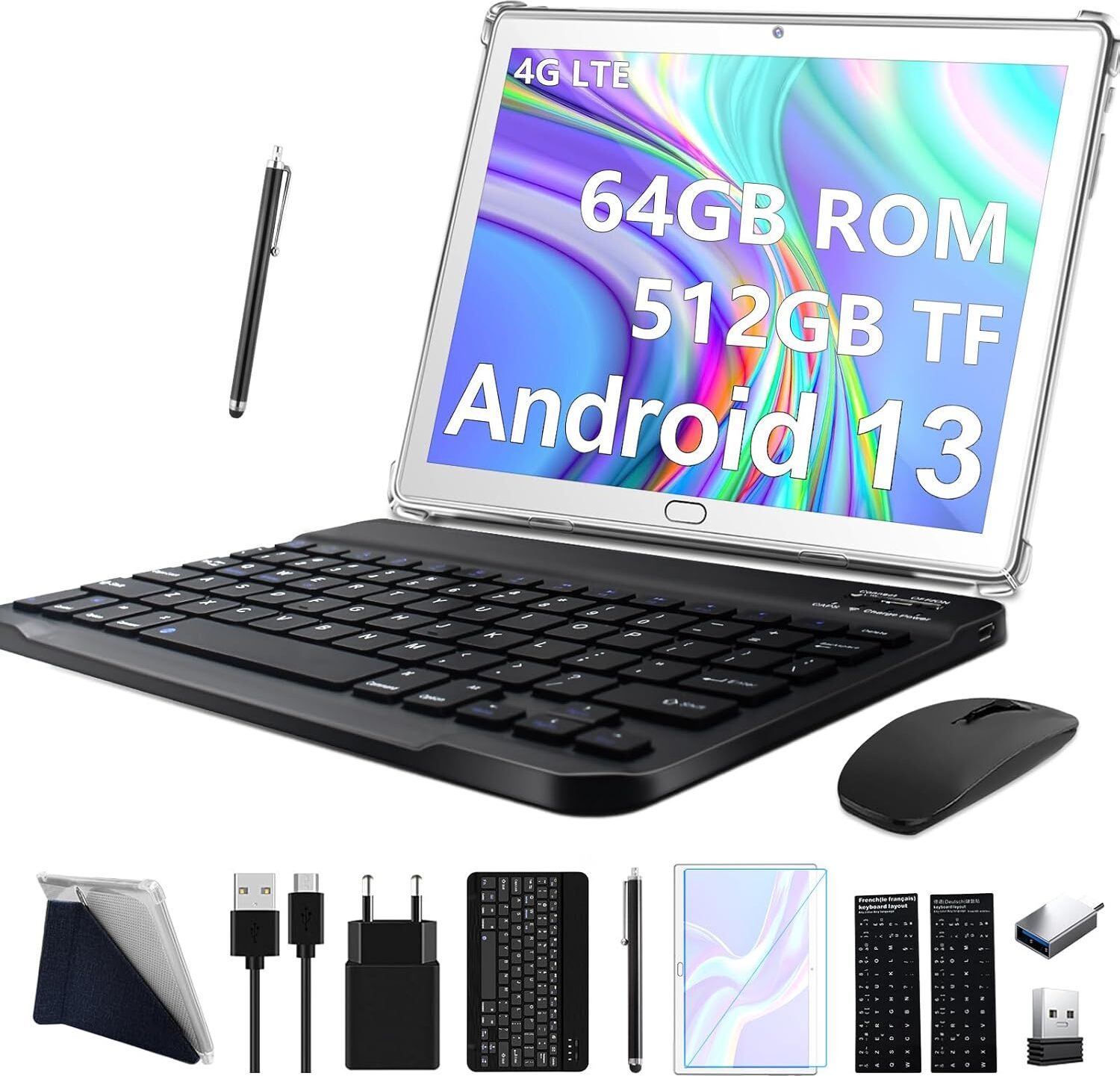 Tablet 10 palcový Android 13.4G LTE Tablety s 2 SIM 1 SD, 2 v 1 Tablet s klávesnicou Myš Pero-64GB ROM 512GB TF |Octa-Core |1080P FHD|13MP |6000mAh