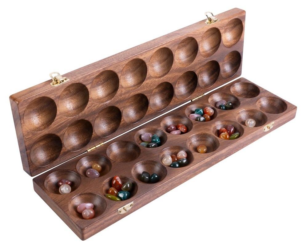 Engelhart Games Mancala Spiel Walnuss mit 75 Edelsteinen Luxusausgabe