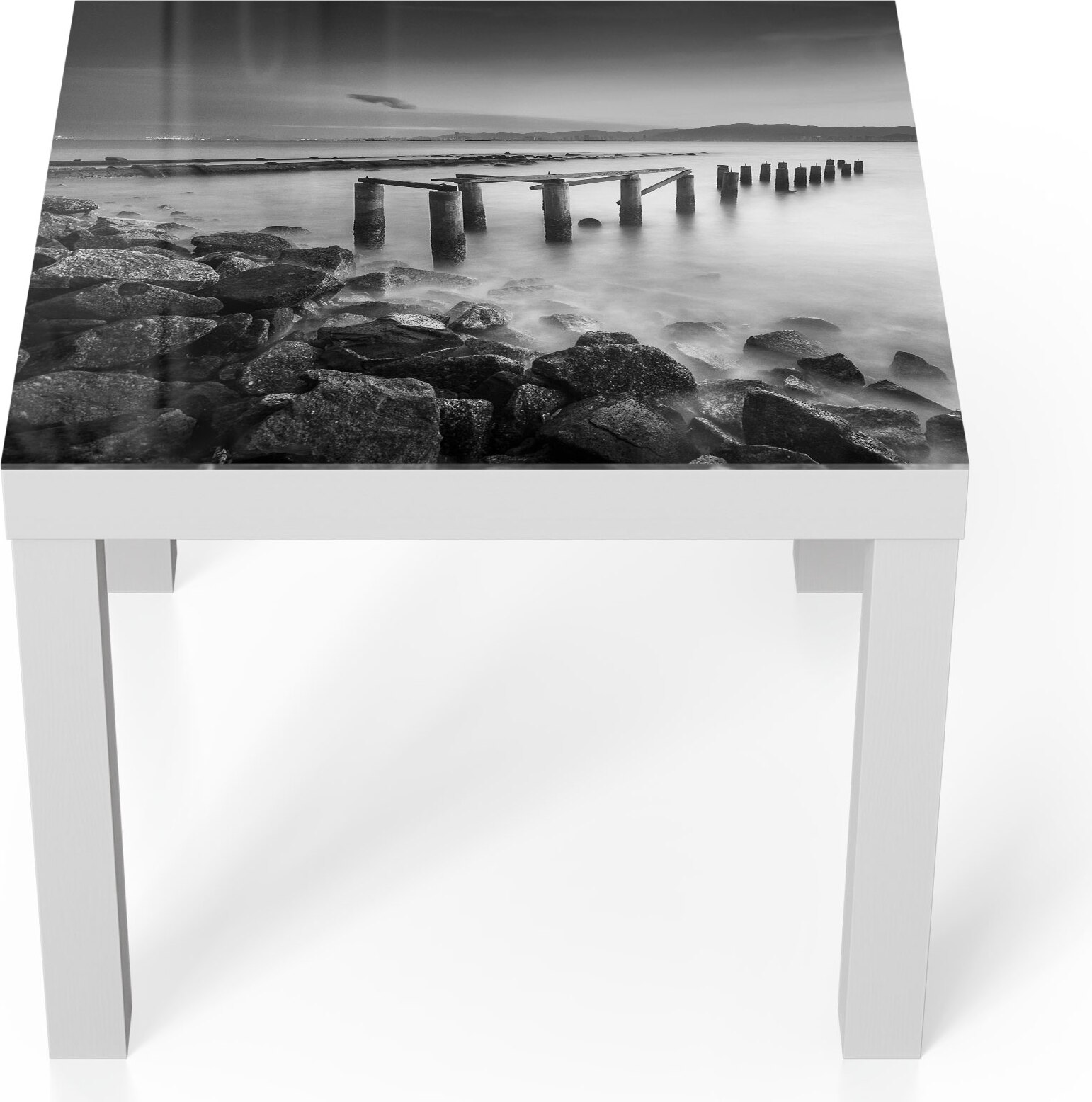 DEQORI Couchtisch 55x55 cm Weiß 'Alte Anlegestelle am Meer' Glas Beistelltisch TL-55-55-W-1653