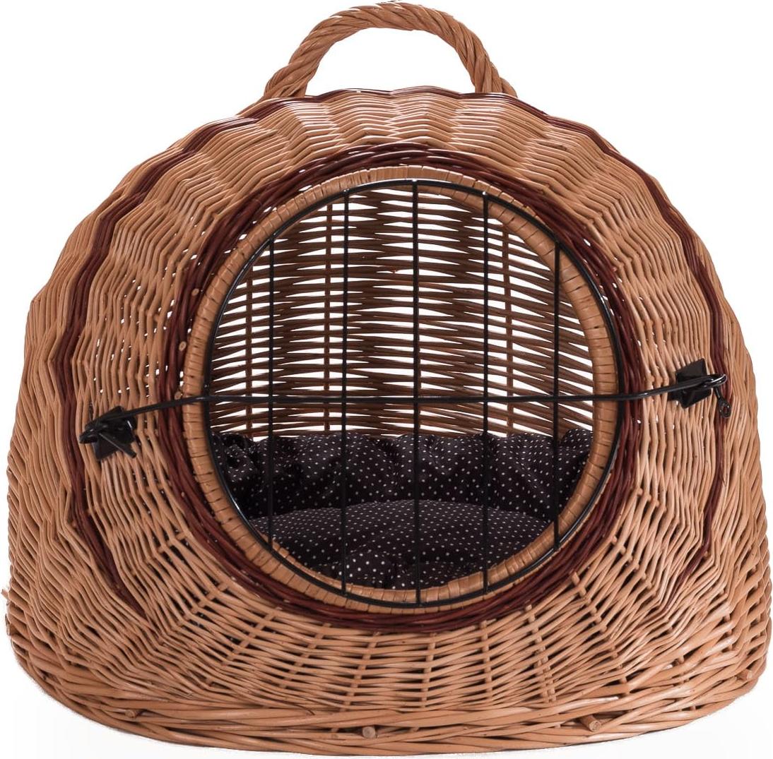Wiklinowy wiat - Komfortabler Transportkorb - Schlafkorb aus Weide für Katzen & kleine Hunde – Stabiler Weidenkorb mit Metallgitter für sicheren Transport - 50x40x45cm - gepunktetes braunes Kissen