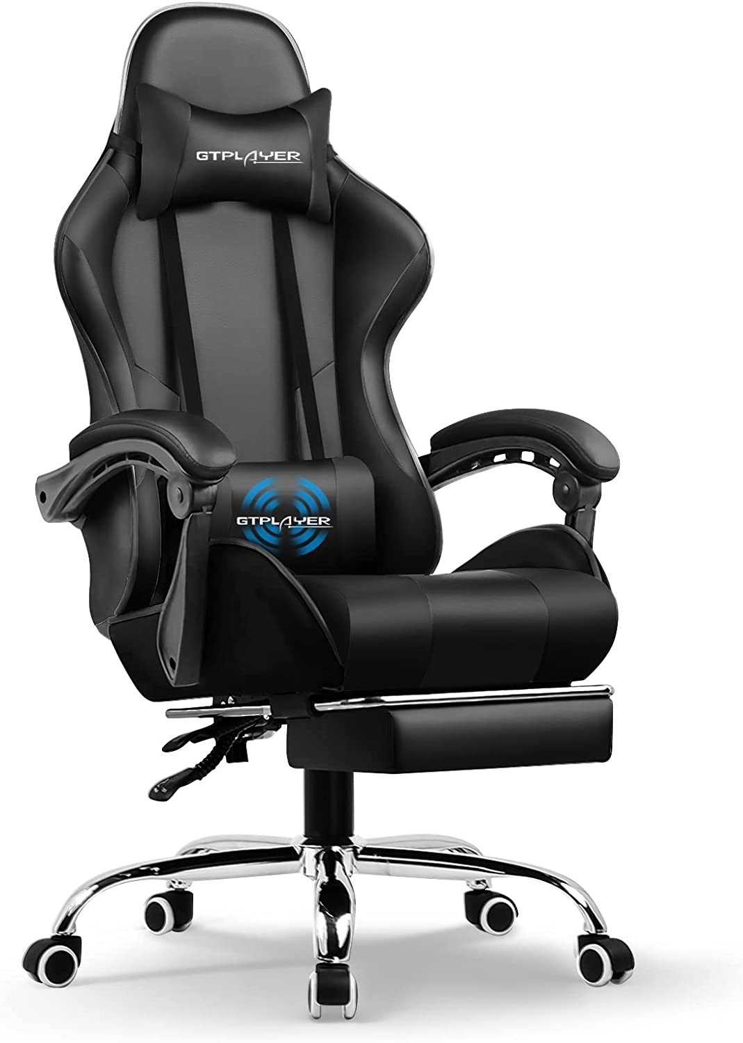 Herná stolička GTPLAYER Stolová stolička, ergonomická kancelárska stolička s masážnou funkciou a opierkou na nohy, prepojenie s madlom, oceľová základňa, čierna