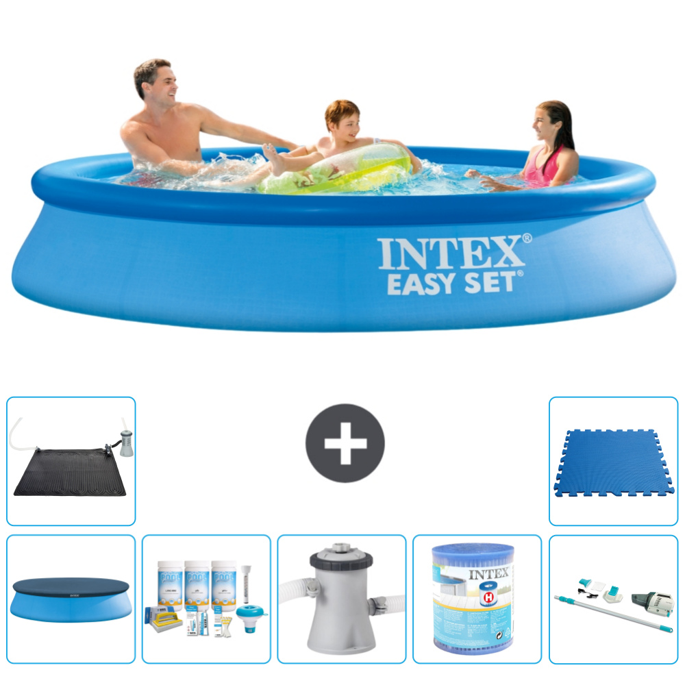 Okrúhly nafukovací bazén Intex Easy Set - 305 x 61 cm - modrý - obsahuje kryt - balík na údržbu - filtračné čerpadlo pre bazén - filter - vysávač - solárna podložka