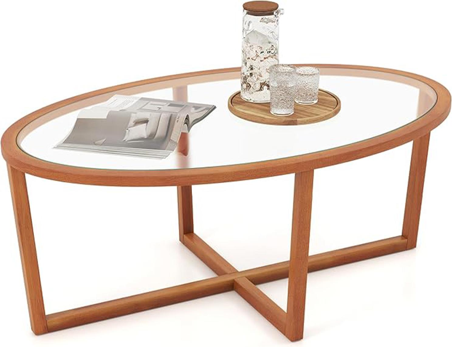 GIANTEX Glas-Couchtisch, 118 cm moderner ovaler Kaffeetisch mit transparentem gehärtetem Glas und Akazienholz-Rahmen, Beistelltisch für Wohnzimmer, Braun