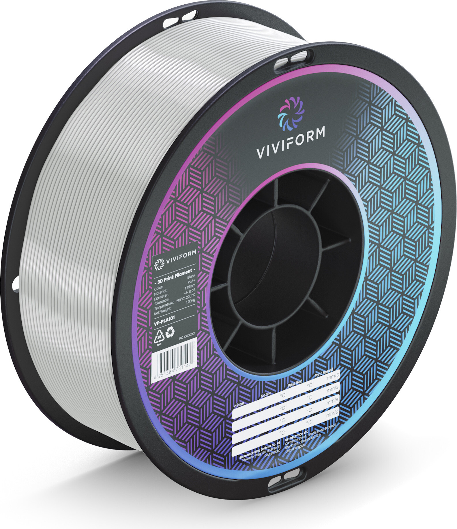 viviform.com Viviform silk PLA Filament für 3D Drucker, 1kg Rolle, Durchmesser 1,75mm +/- 0,03mm, Silber metallic VF-PLA502