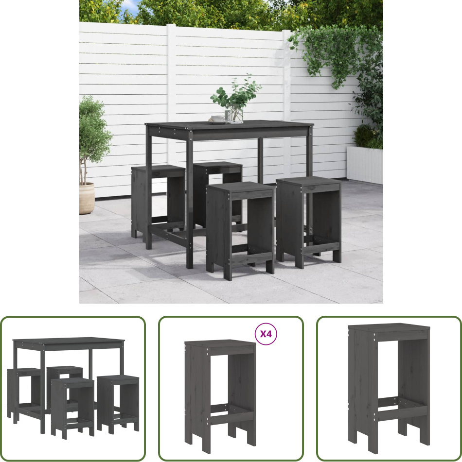 The Living Store 5-dielny záhradný barový set sivý z masívneho borovicového dreva