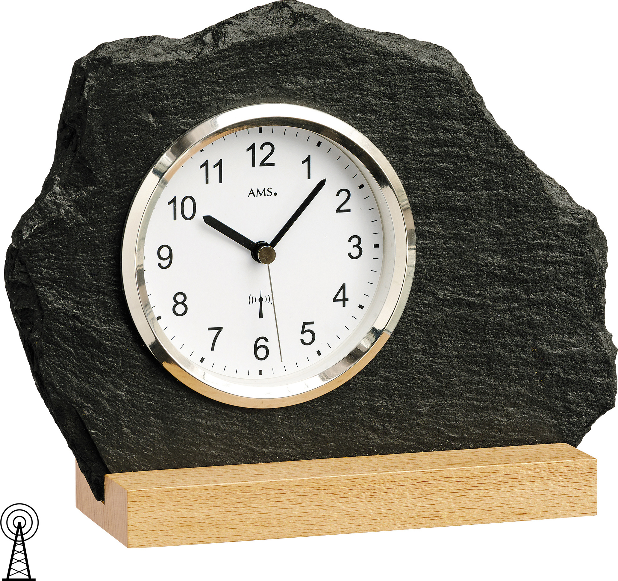 AMS 5114 Tischuhr Funk Holz Buche mit Glas Schiefer Naturschiefer Schieferuhr 50209
