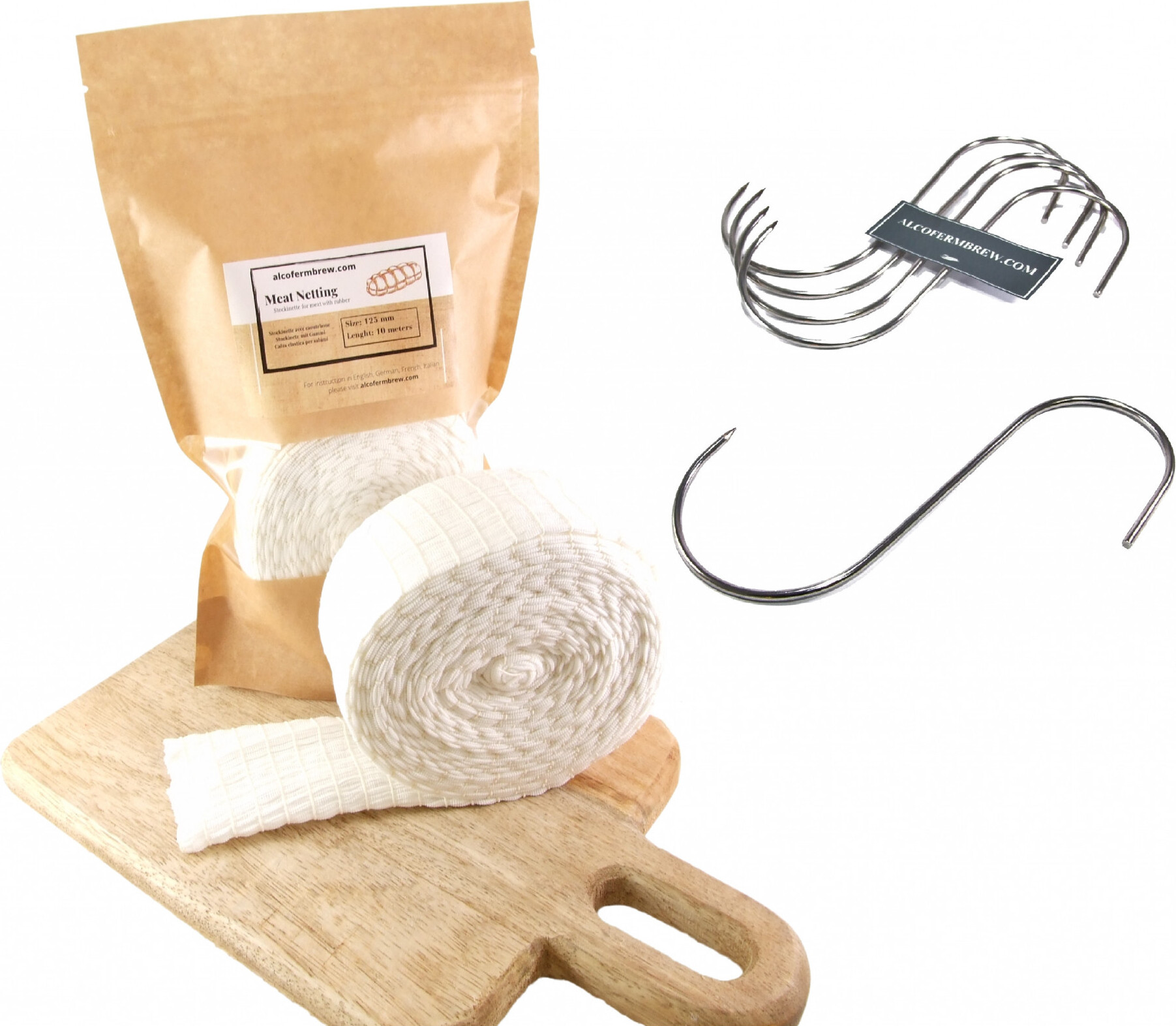 Alcofermbrew Räuchernetz mit Gummi 125mm / 10m + Fleischhaken x 5 - Schinkennetz, Räuchernetz, Fleischhaken