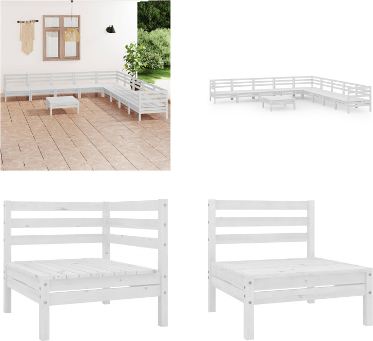 vidaXL 10 ks záhradná obývacia súprava z masívneho dreva borovice biela - záhradná obývacia súprava - vonkajšia obývacia súprava - drevená pohovka - drevená záhradná pohovka