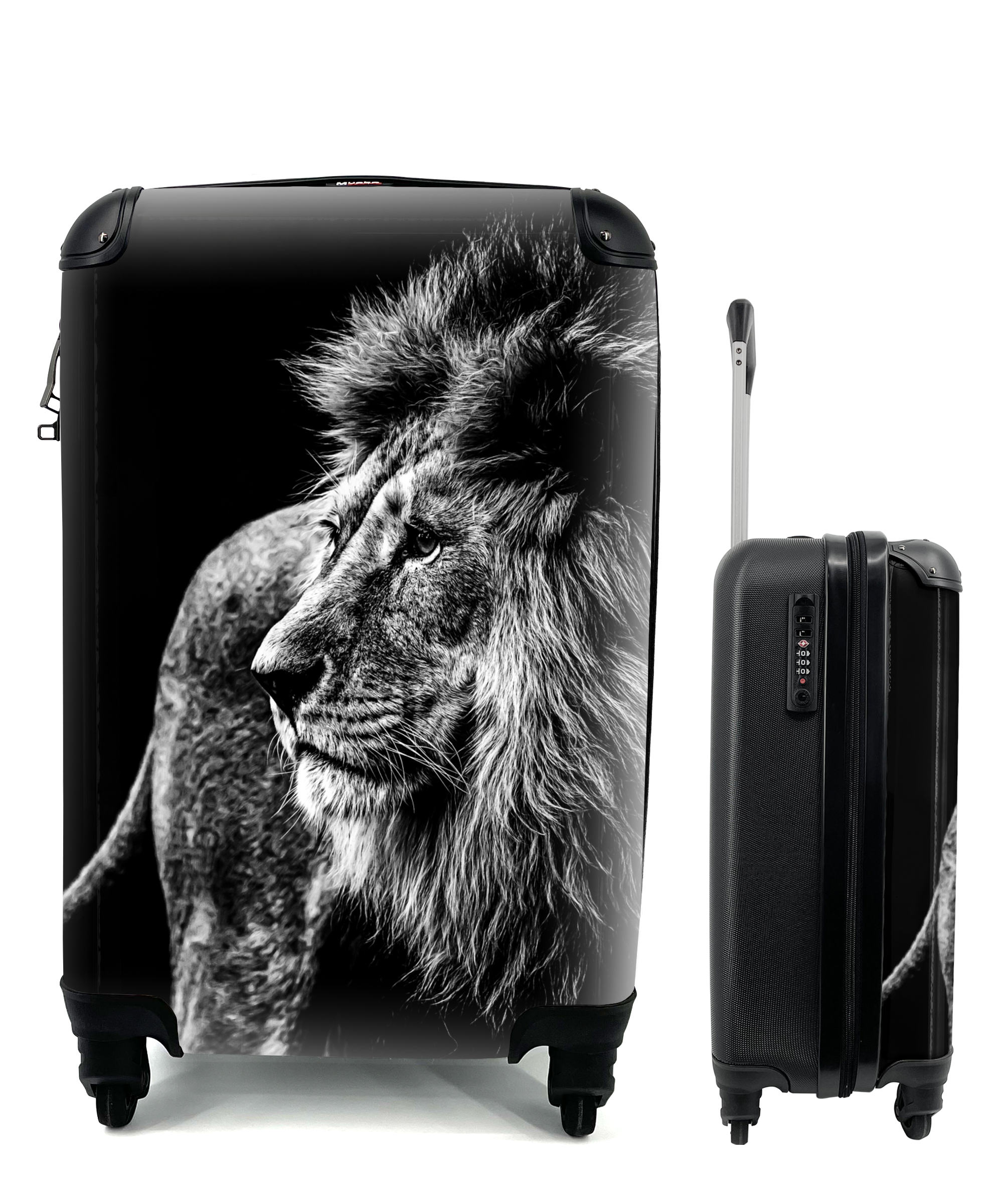 MuchoWow® Koffer Handgepäck Trolley Rollkoffer Kleine Reisekoffer mit 4 Rollen - Tiere - Wild - Löwe - Schwarz - Weiß - Cabin Size < 55x40x23 cm & 55x40x20 cm - Fotokoffer - Kabinenkoffer - Boardgepäck - Reise-Box - Reisekoffer - Reisegepäck - Koffer mit Bild - Trolley für Kinder 68|891607329