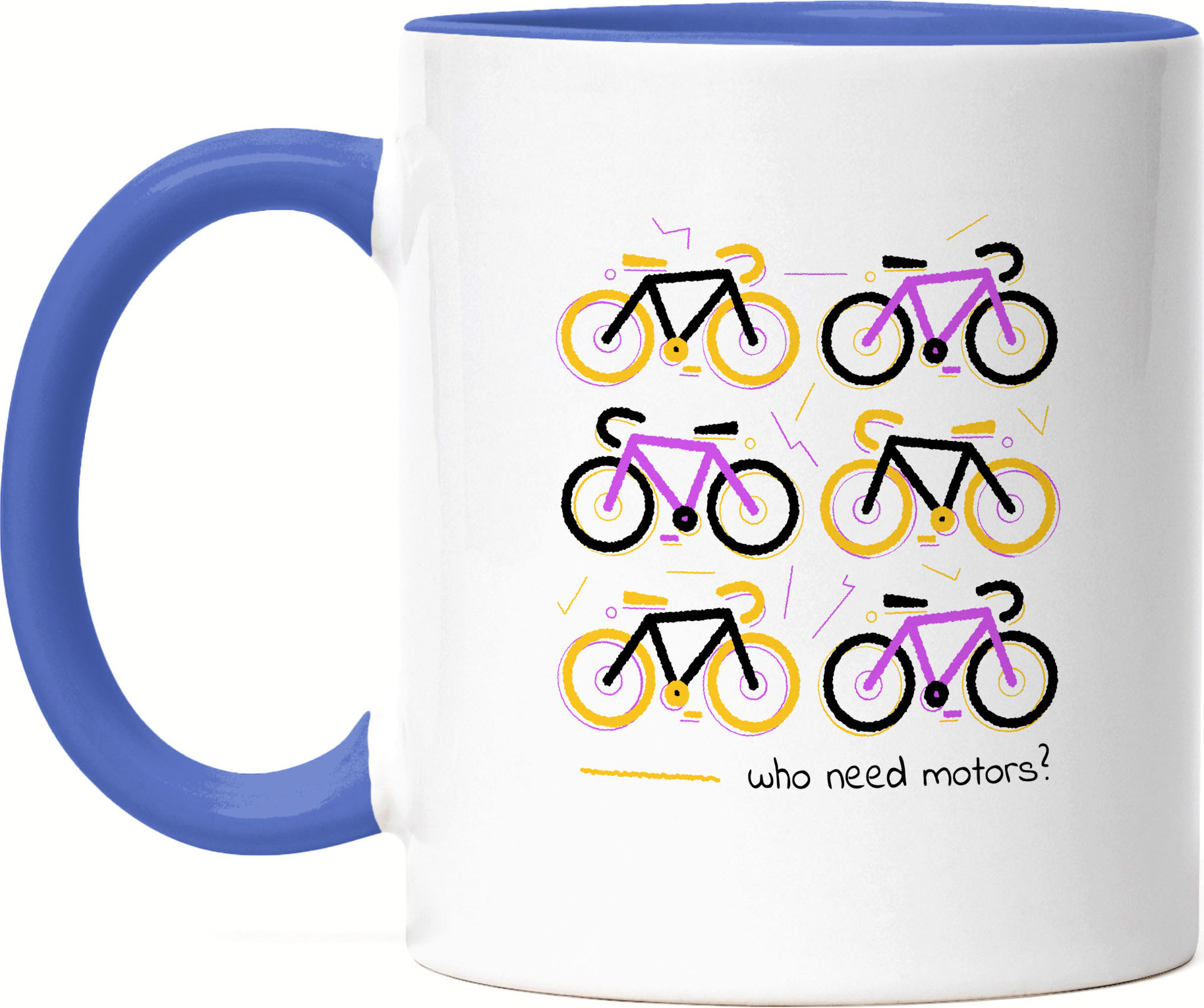 Hey!Print Who Needs Motors Tasse Blau Fahrrad Motiv für Sportbegeisterte und Hobby Radfahrer Fahrradfahrer Fahrradfahrerin HP-1208-T-Blau
