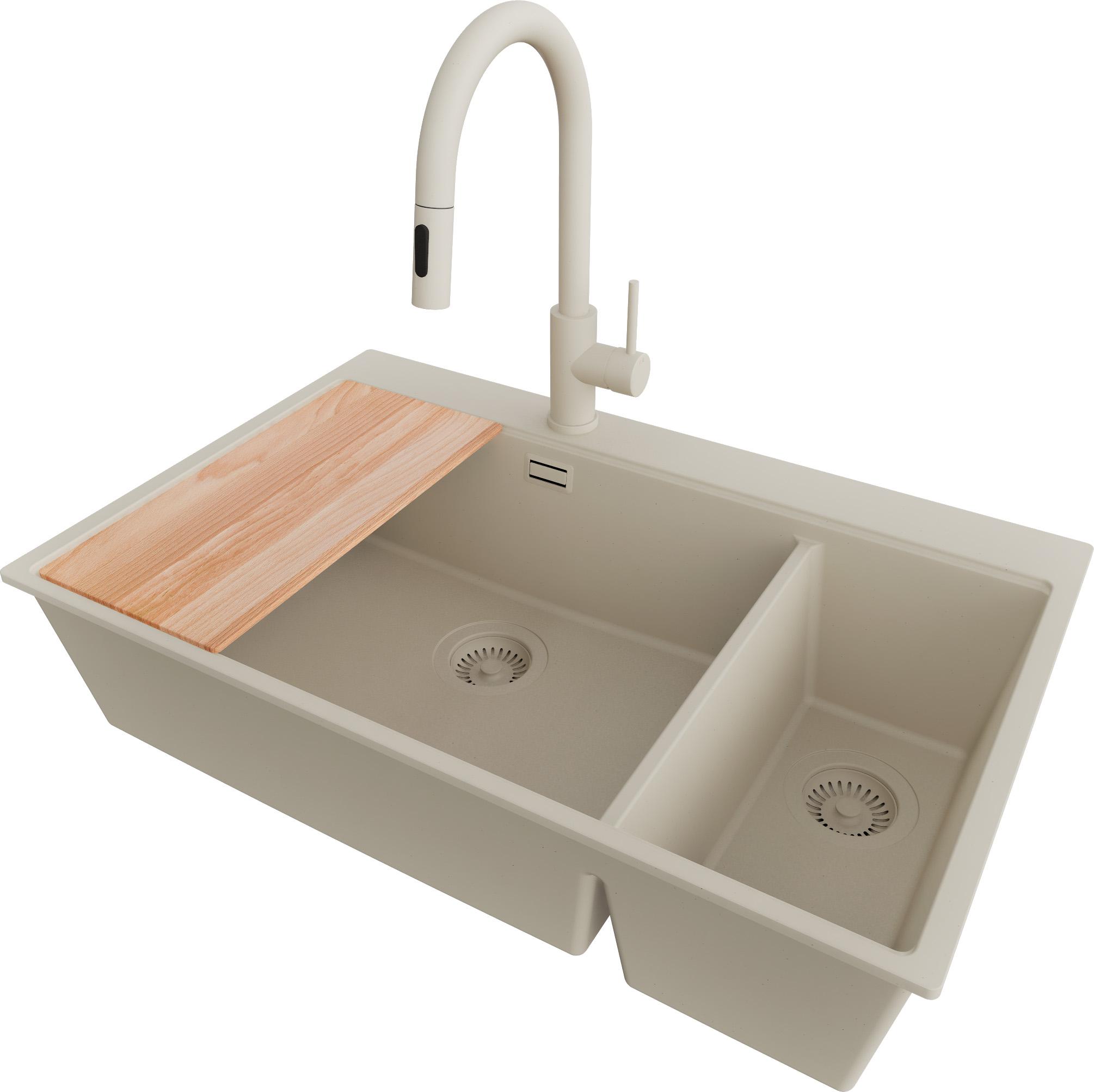 PRIMAGRAN Granitspüle Beige 78x50cm, Spülbecken 2 Becken + Küchenarmatur 40x20cm + Ablauf-Set + Schneidebrett, Küchenspüle ab 80er Unterschrank - Oslo Duo