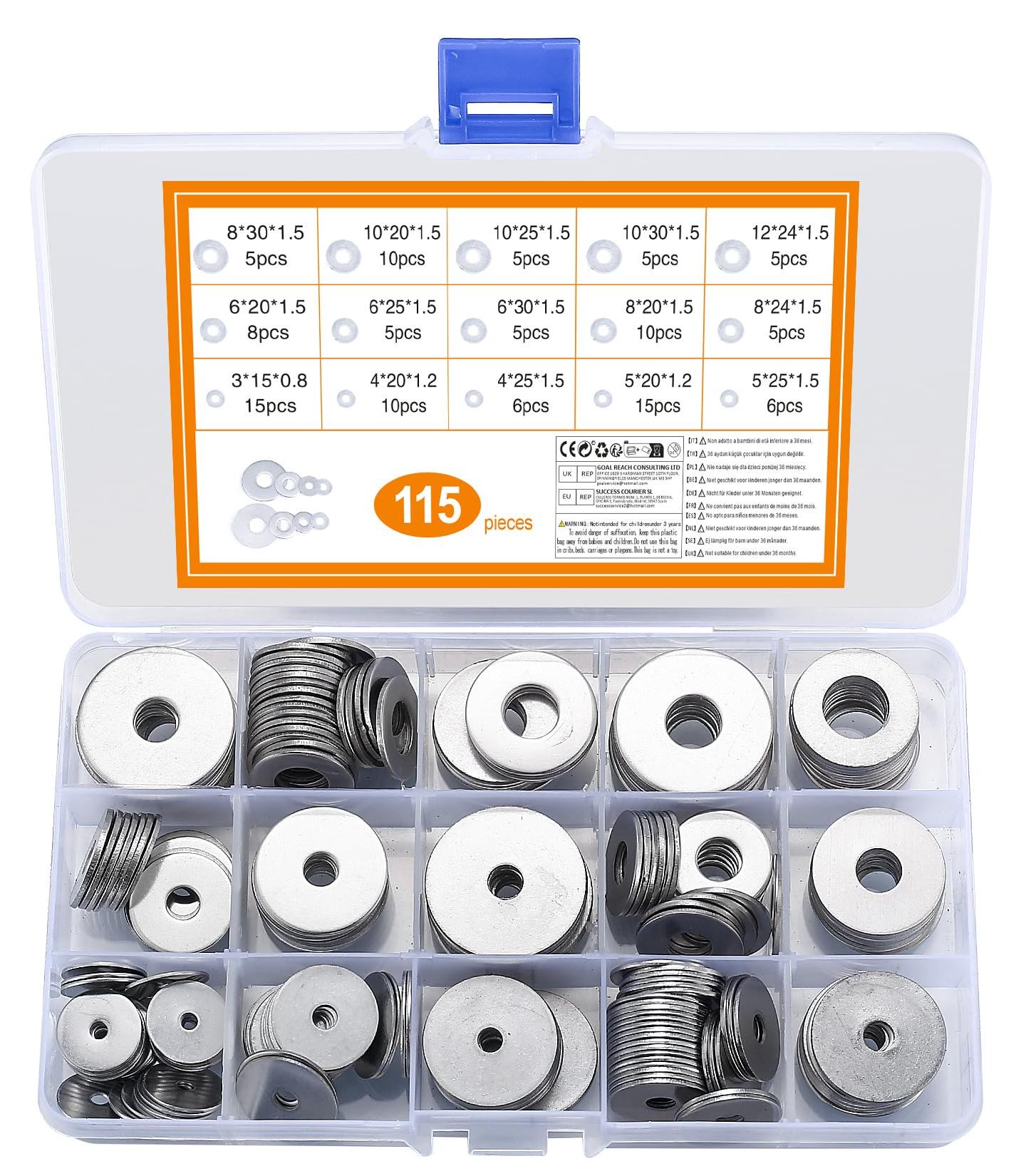 Markenlos Set aus 115 großen flachen Ringen, Edelstahlringen, Sortiment an Sicherungsringen, Metallringen und Muttern, 15 Größen M3/M4/M5/M6/M8/M10/M12. (115 silber)