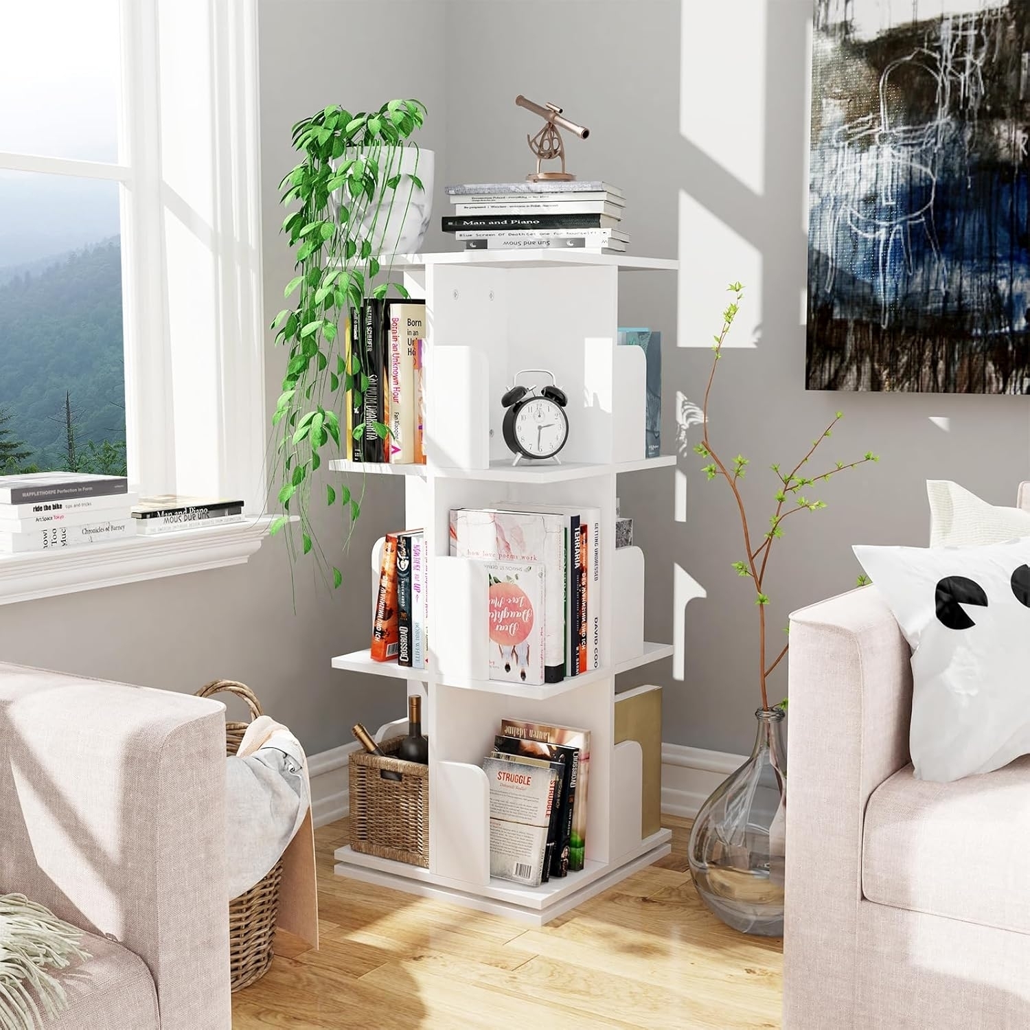 FROPIJ Drehbares Bücherregal 6-stöckig - 360° Holzregal Mit Tischtuch, Für Bücher & Deko, Kiefernholz, 45cm Durchmesser