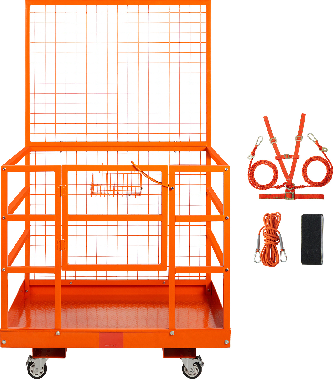 SucceBuy bezpečnostná klietka pre vysokozdvižný vozík, nosnosť 635 kg, pracovná plošina 109,2 x 114,3 cm s bezpečnostným pásom a zámkom, vypúšťacím otvorom, kolesami a košom na náradie