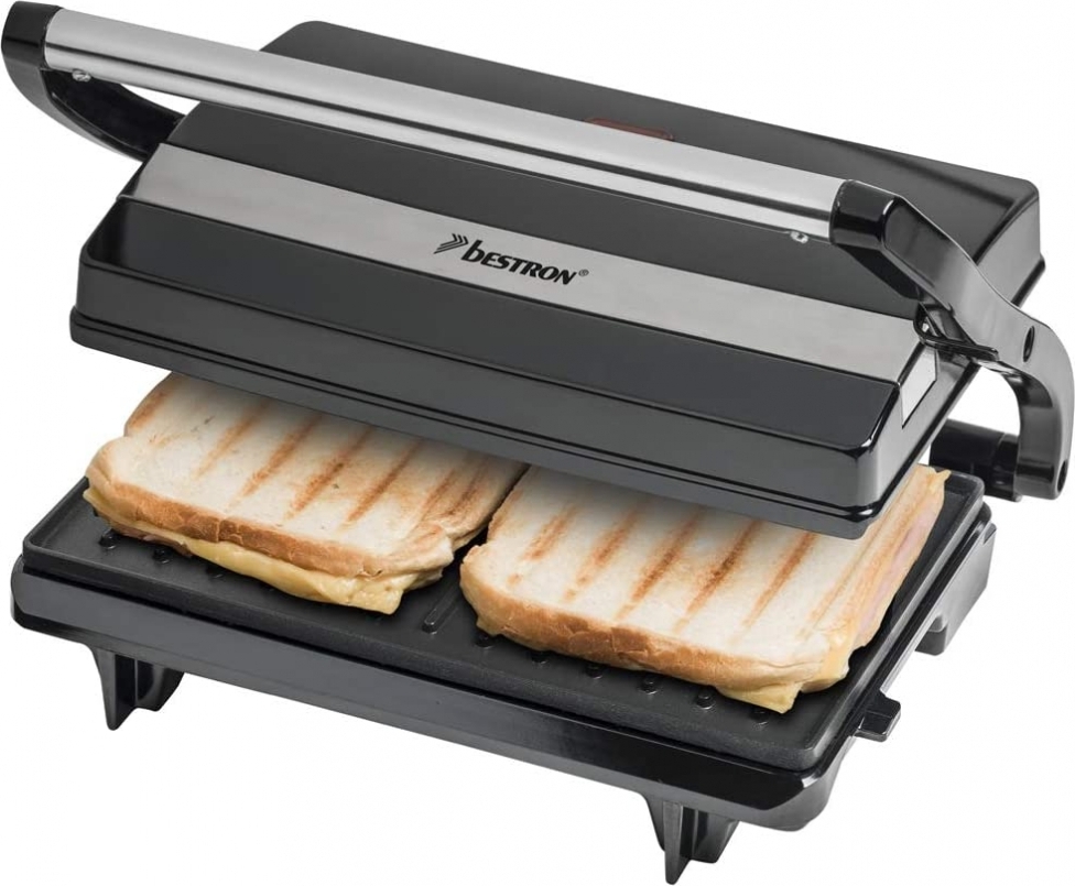 Bestron elektrický kontaktný gril s odkvapkávacou miskou, sendvičovač s cool-touch rukoväťou, panini maker s nepriľnavou vrstvou, 700 W, APM123Z, farba: čierna