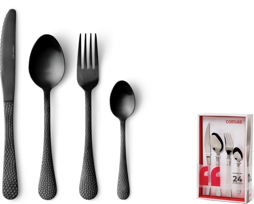 Besteckset Tafelbesteck Essbesteck Besteck Schwarz Matt 24 Teile 6 Personen Messer Gabel Löffel Kaffeelöffel gehämmert PVD Beschichtung Edelstahl Comas Luna 8015