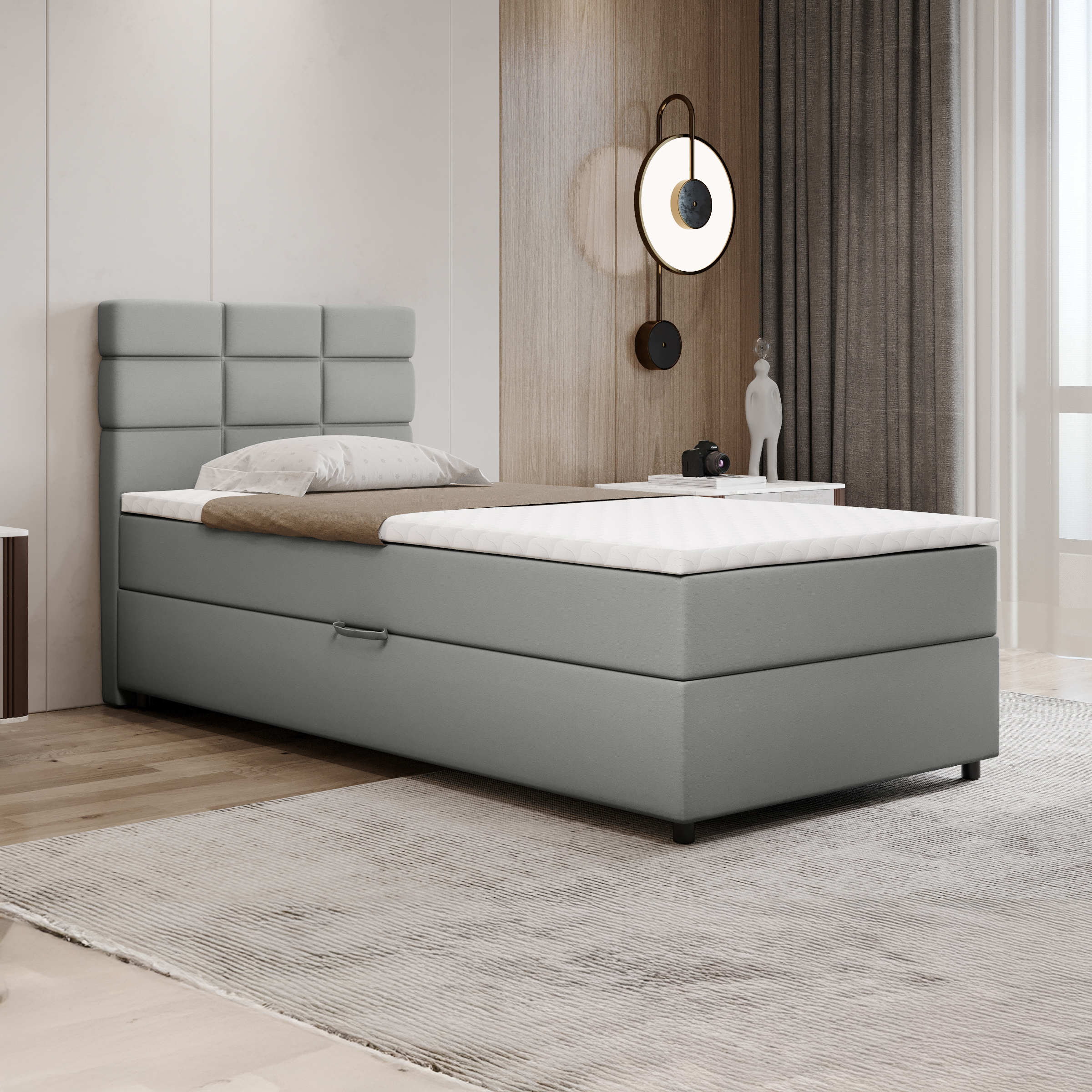 Boxspringbett 100x200, mit Bettkasten, Hellgrau, Matratze und Topper, Einzelbett, REVE, Panda Möbel