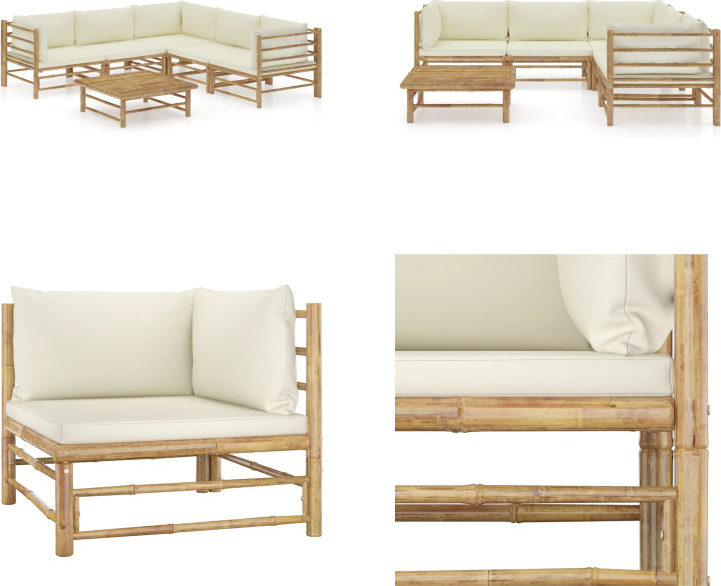 vidaXL 6-dielna záhradná súprava s krémovo bielymi vankúšmi bambus - Záhradná súprava - Záhradné súpravy - Záhradný nábytok - Súprava záhradného nábytku