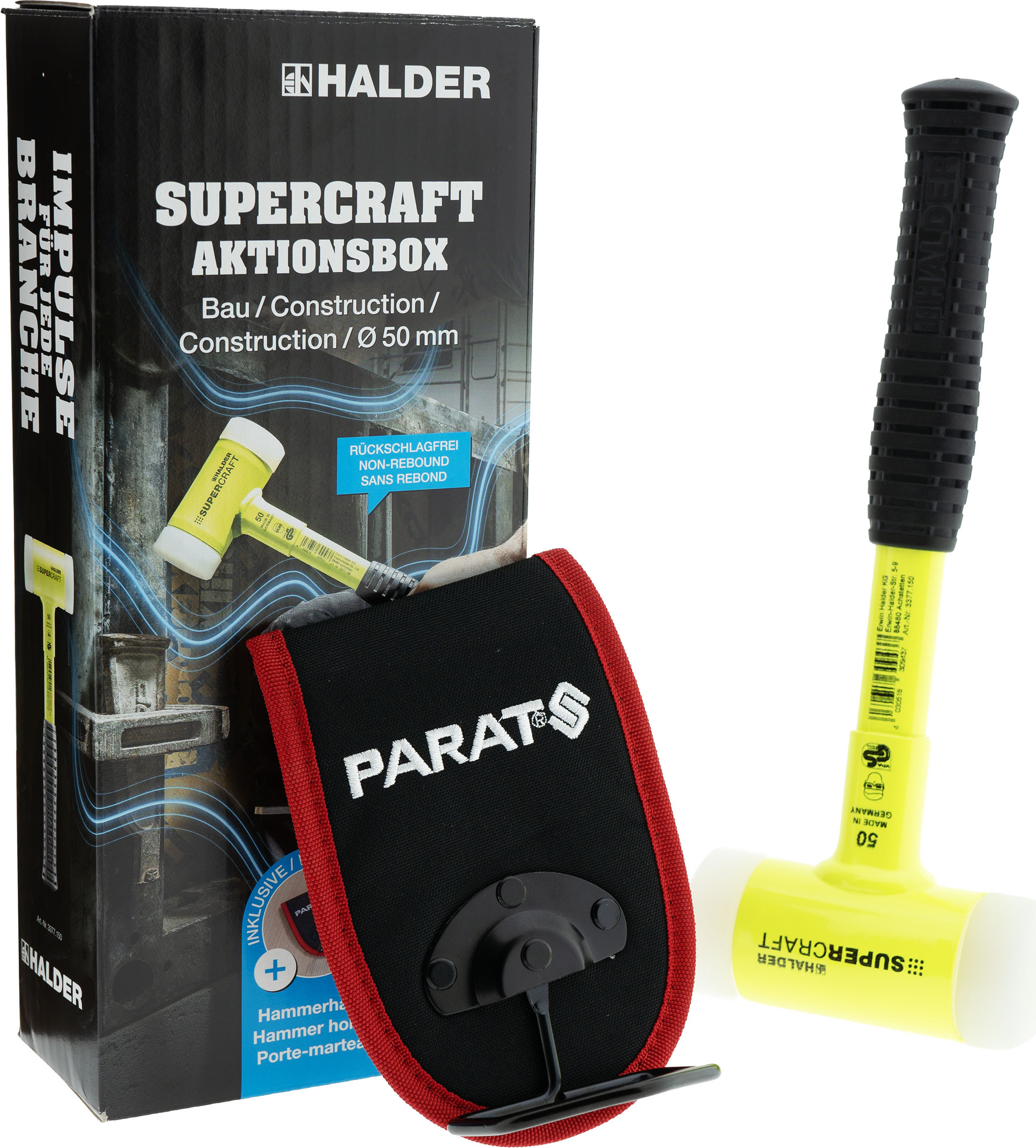 HALDER SUPERCRAFT Aktionsbox Bau Schonhammer Ø 50 mm + PARAT Hammerhalter 3377s001