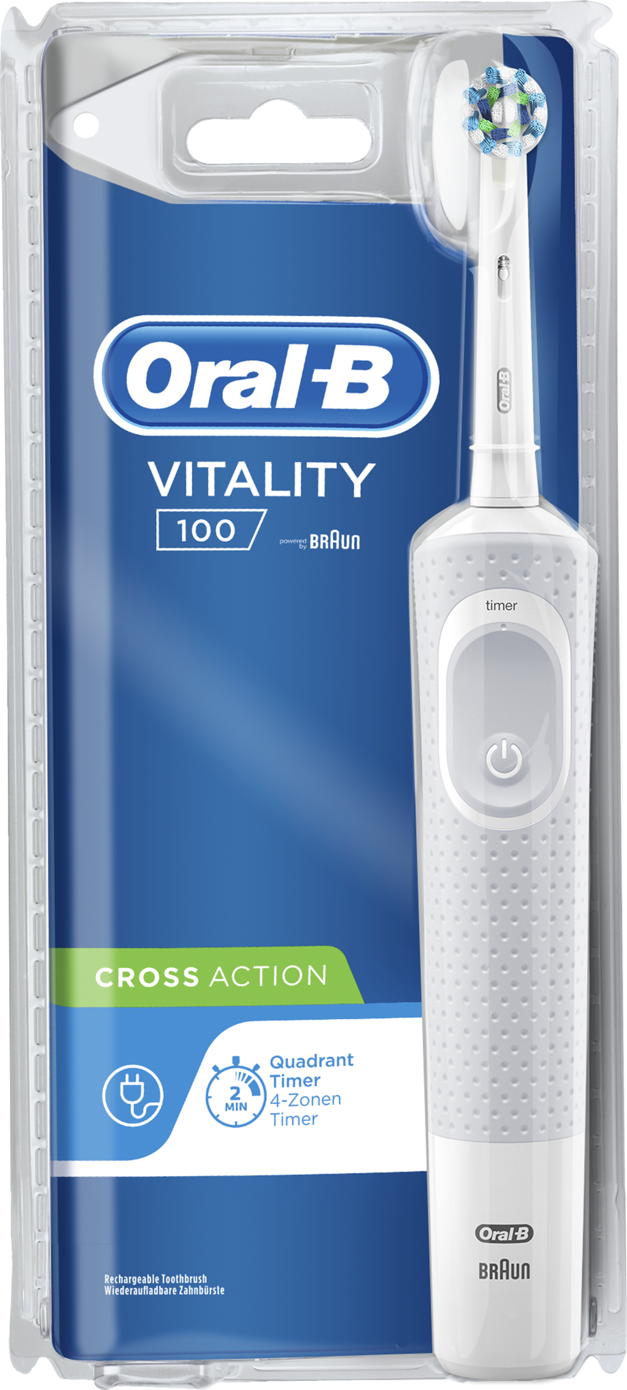 Oral-B Vitality 100 CrossAction, Dospelý, Rotujúco-oscilačná zubná kefka, Biela, 7600 pohybov za minútu, 4 x 30 sec, -, N