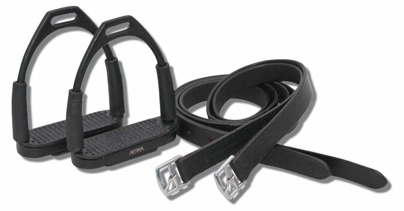 AMKA Steigbügel mit Gelenk schwarz Sicherheitssteigbügel mit Steigbügelriemen aus Leder im Set