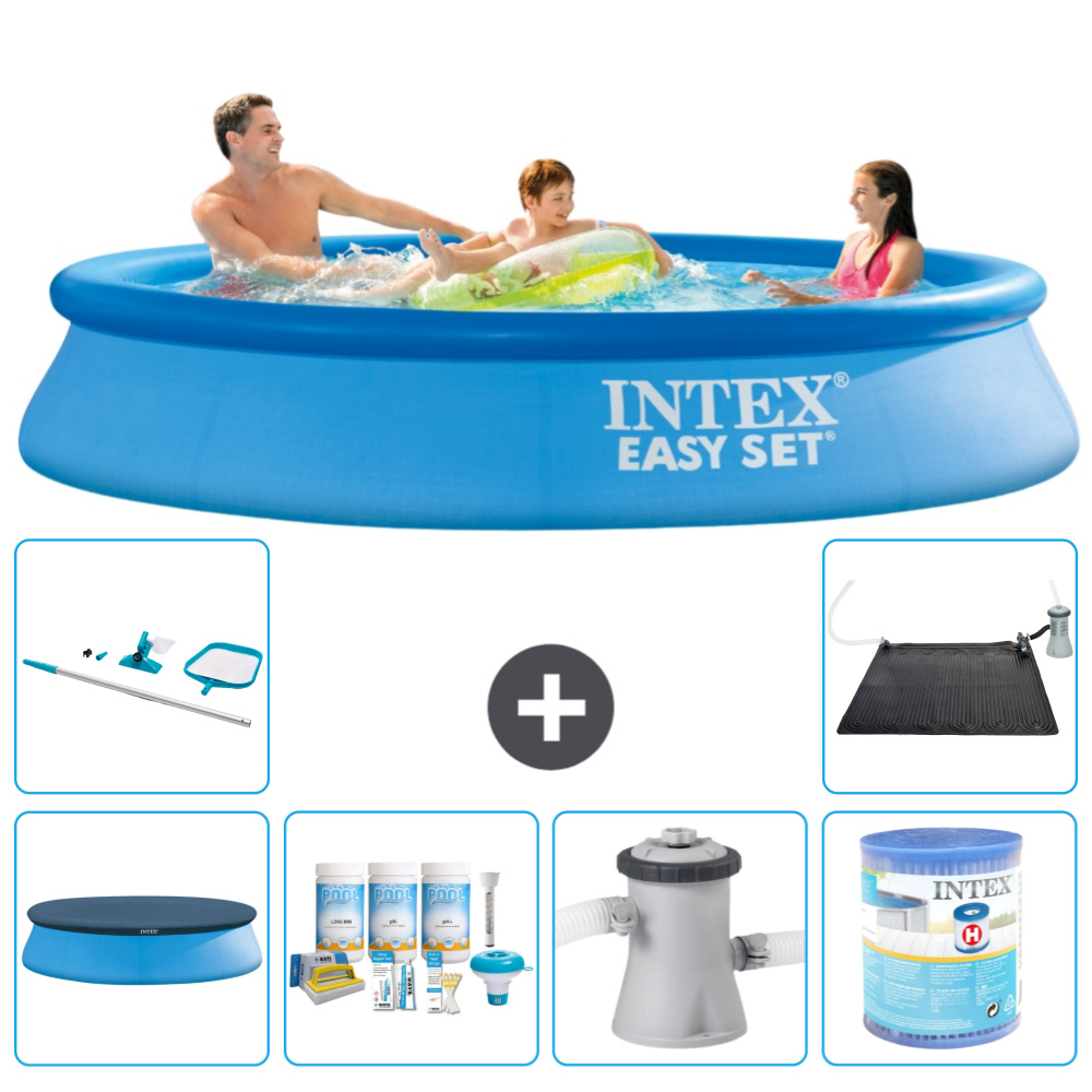 Okrúhly nafukovací bazén Intex Easy Set - 305 x 61 cm - modrý - obsahuje kryt - balík na údržbu - filtračné čerpadlo pre bazén - filter - čistiaca súprava - solárna podložka