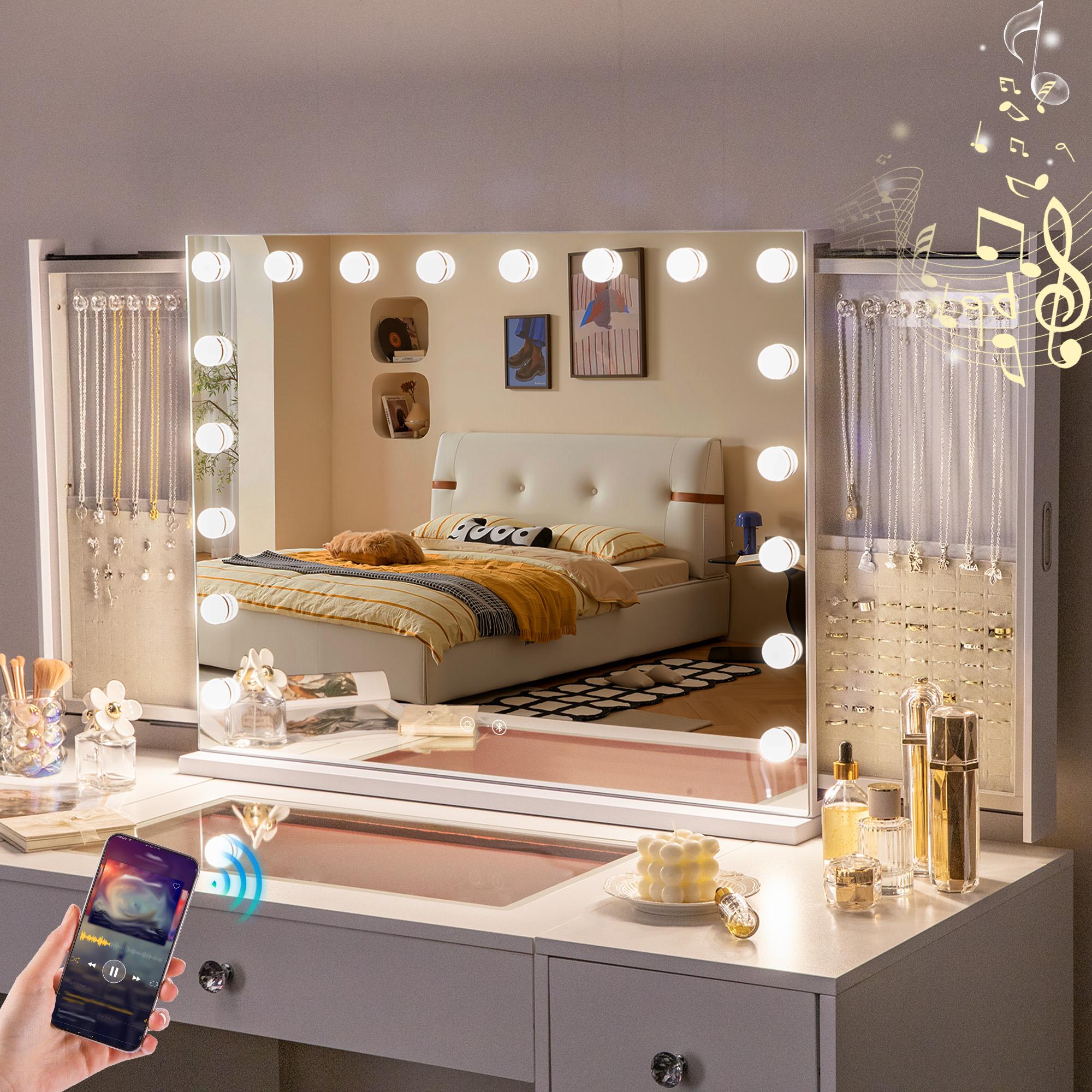 VANITII GLOBAL VANITII Hollywood-Schminkspiegel, 80 cm x 60 cm, mit integriertem Schmuckfach und 18 dimmbaren weißen Leuchten 8060A-JBBT