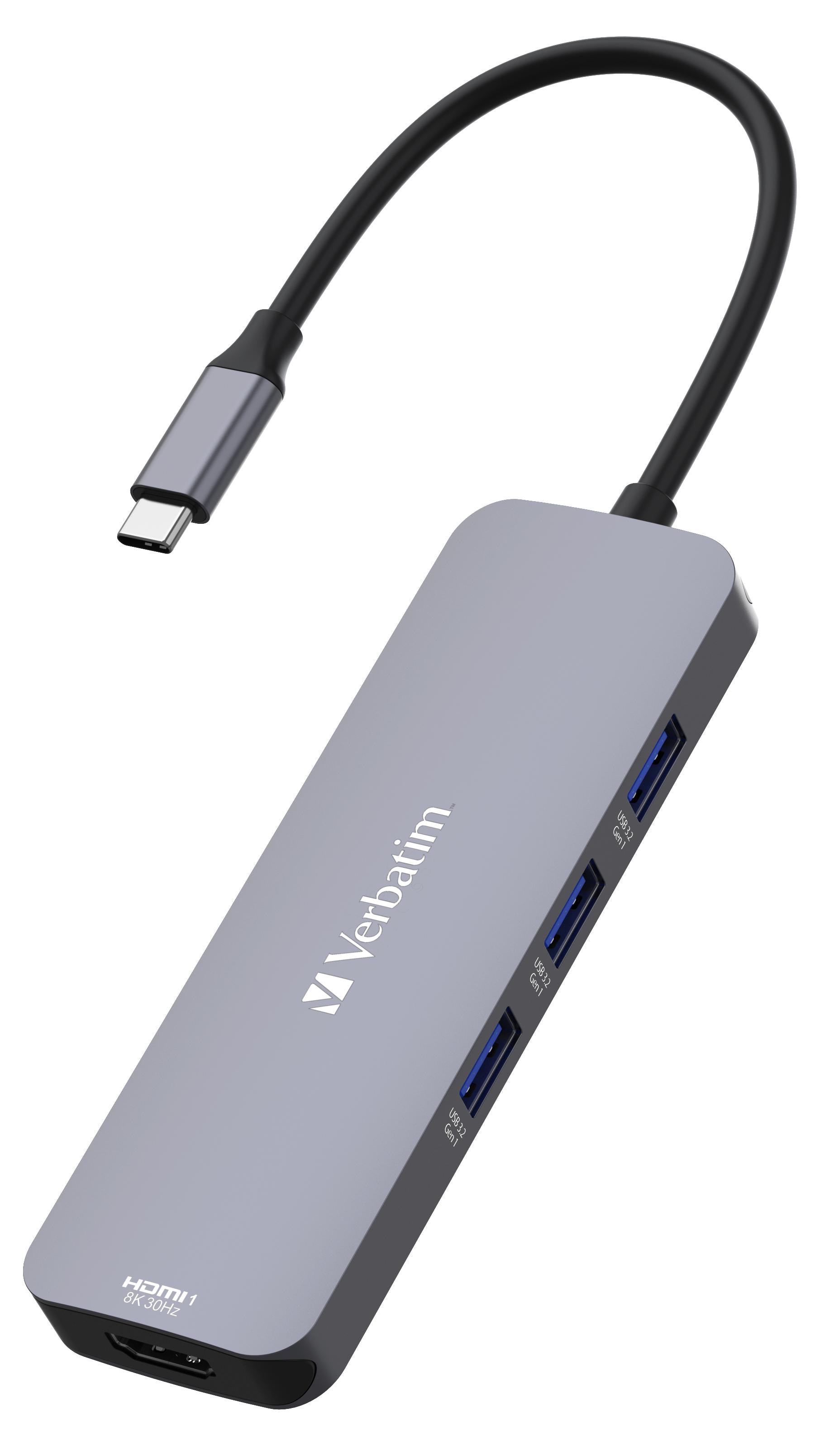 Verbatim CMH-08, USB Typ-C, HDMI, USB 3.2 Gen 1 (3.1 Gen 1) Type-A, USB Typ-C, Microsd (transflash), SD, 5000 Mbit/s, 30 Hz, Strieborná