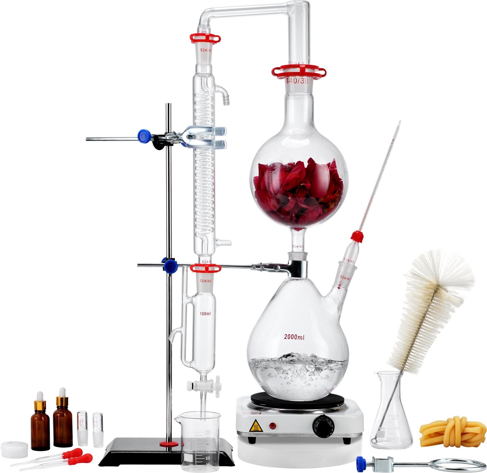 Zerbaco Destillationsset für Ätherische Öle, 2000-ml-Destillationsgerät, 3,3-Boro-Laborglas-Destillationsset mit 1000-W-Heizplatte und 24-, 40-Verbindung, 28-teiliges Set
