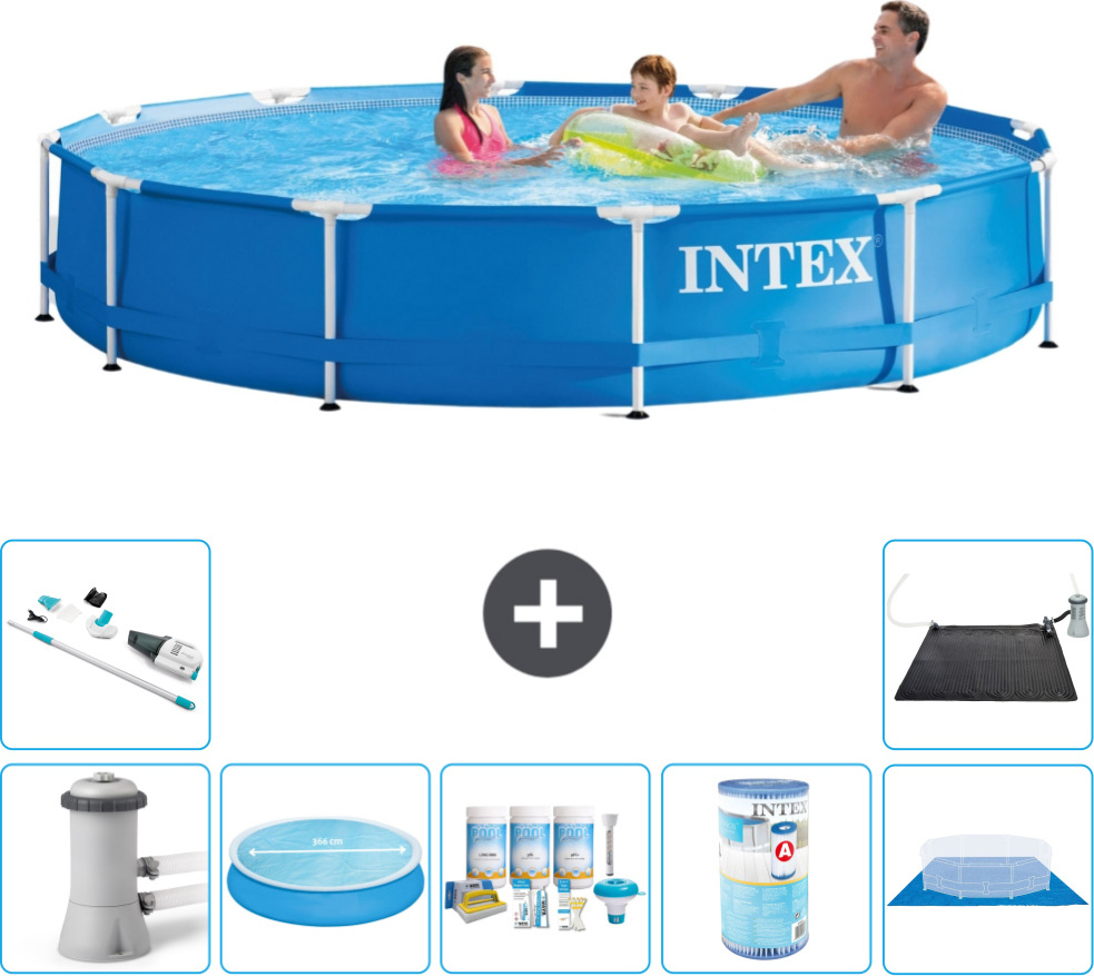 Bazén s okrúhlym rámom Intex - 366 x 76 cm - modrý - vrátane čerpadla - markízy - balíka na údržbu - filtra - krycej plachty - vysávača - solárnej podložky