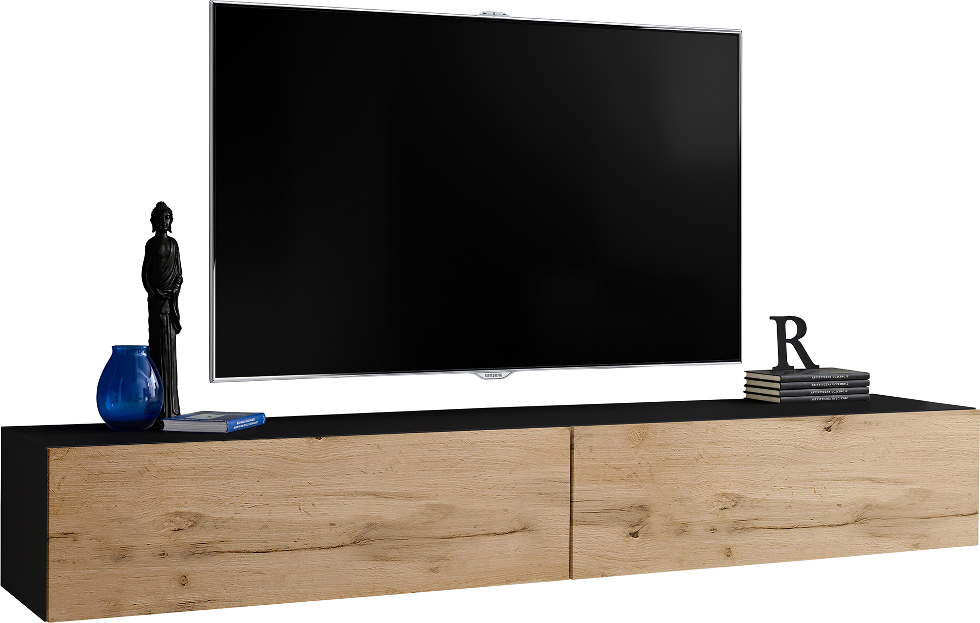 Extreme Furniture Komodee | TV-Bank Loreto Zwei Hängeschränke, Korpus Schwarz Matt Frontfarbe Wotan Matt T34-200cm - Black/Wotan