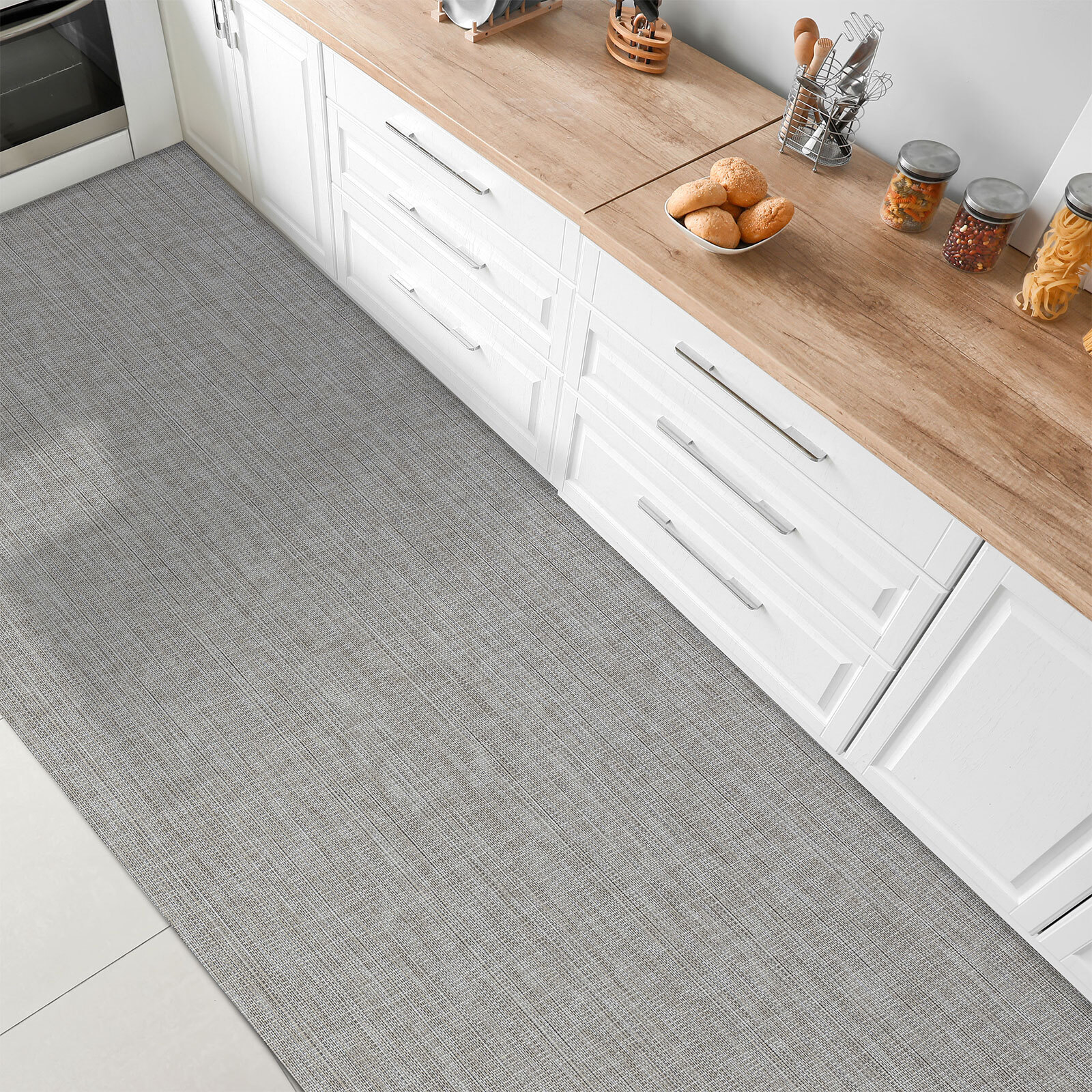 Tappeto/passatoia da cucina/corridoio, 60 x 150 cm, moderno, antiscivolo, lavabile, tappeto lungo in poliestere, grigio e bianco, per corridoio, camera da letto, interni del soggiorno