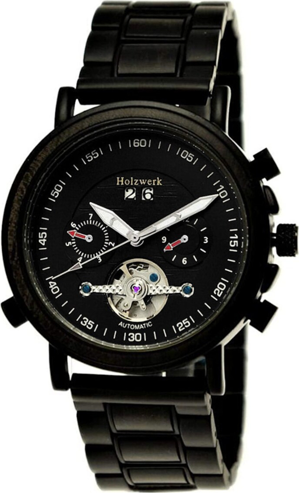 Holzwerk Germany Holzwerk DARGUN Herren Edelstahl & Holz Automatik Handaufzug Datum Uhr, schwarz