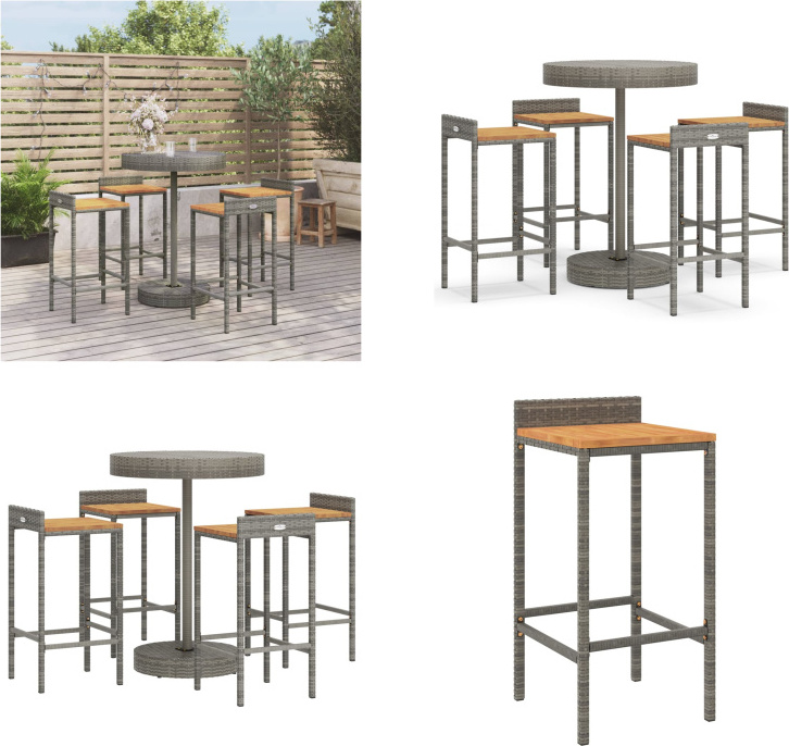 vidaXL 5 tlg. Gartenbar Set Grau Poly Rattan & Massivholz Akazie - Gartenbar Set - Gartenbar Sets - Garten Bar Set - Gartenbar