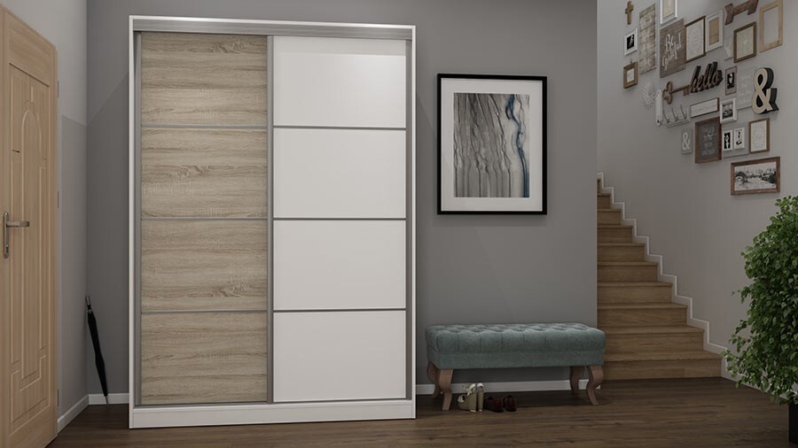 Schiebetürenschrank 2D/150 in Weiß / Eiche hell mit Premium Beschlägen