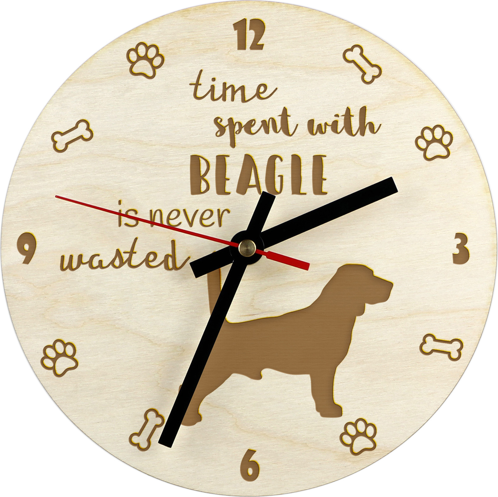 Bígl - hodiny so psom, drevené hodiny s gravírovaním, personalizované hodiny od Art-Dog