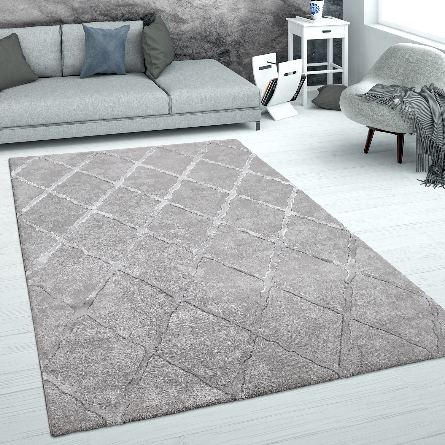 Kurzflor Wohnzimmer Teppich Trendige Moderne Linien Muster In Lila Schwarz Weiß 