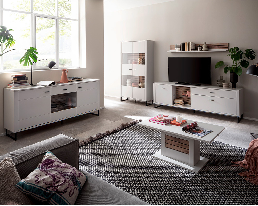 Lomadox Wohnmöbel Set weiß mit Eiche-Lamellen LAUREANA-05 5-teilig LA05-LAUREANA-05-SET21