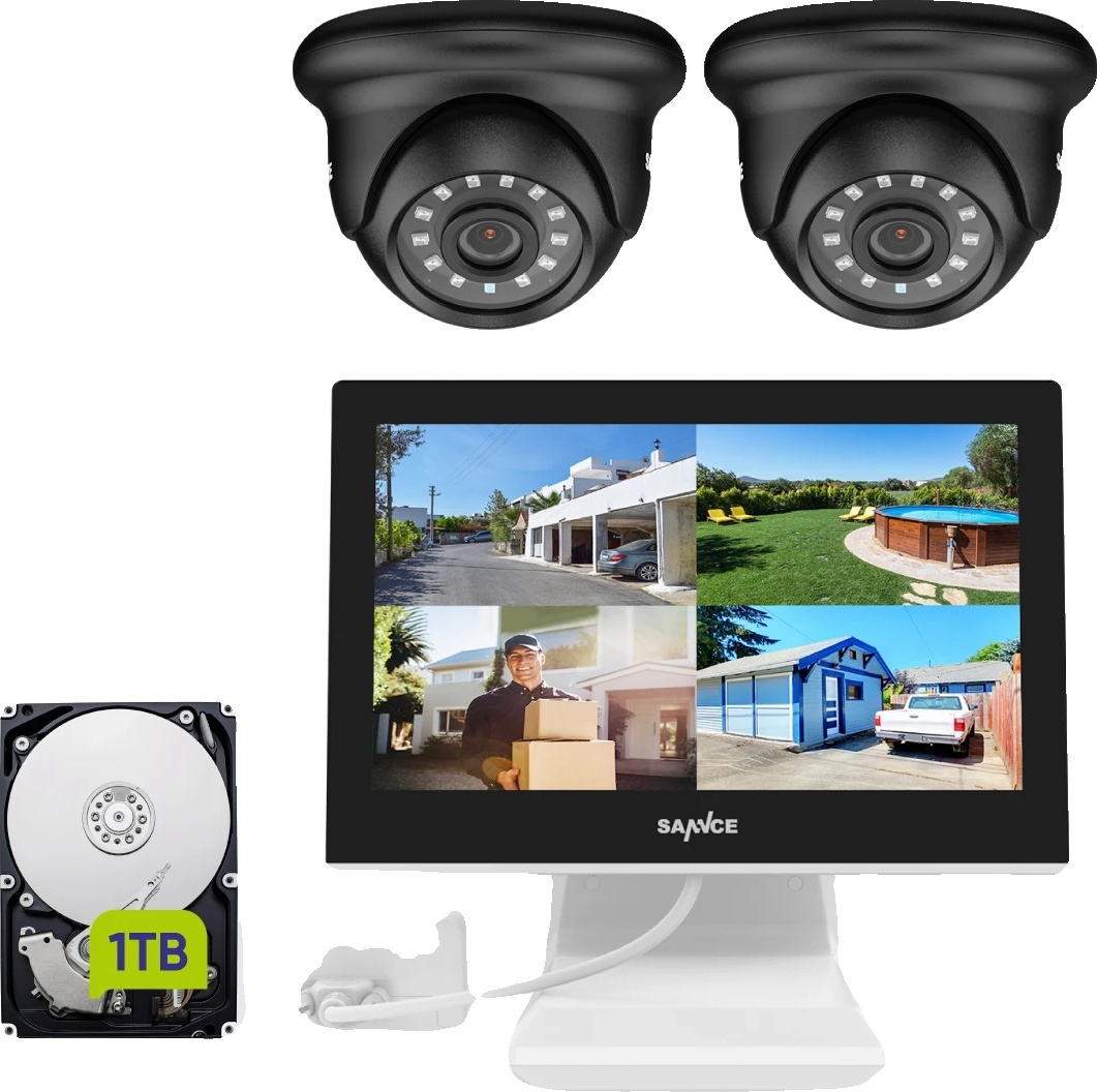 SANNCE 10,1" monitor LCD, sada sledovacích kamier, rozlíšenie 1080p, nočné videnie do 30 metrov, 2 ks kamier 1TB