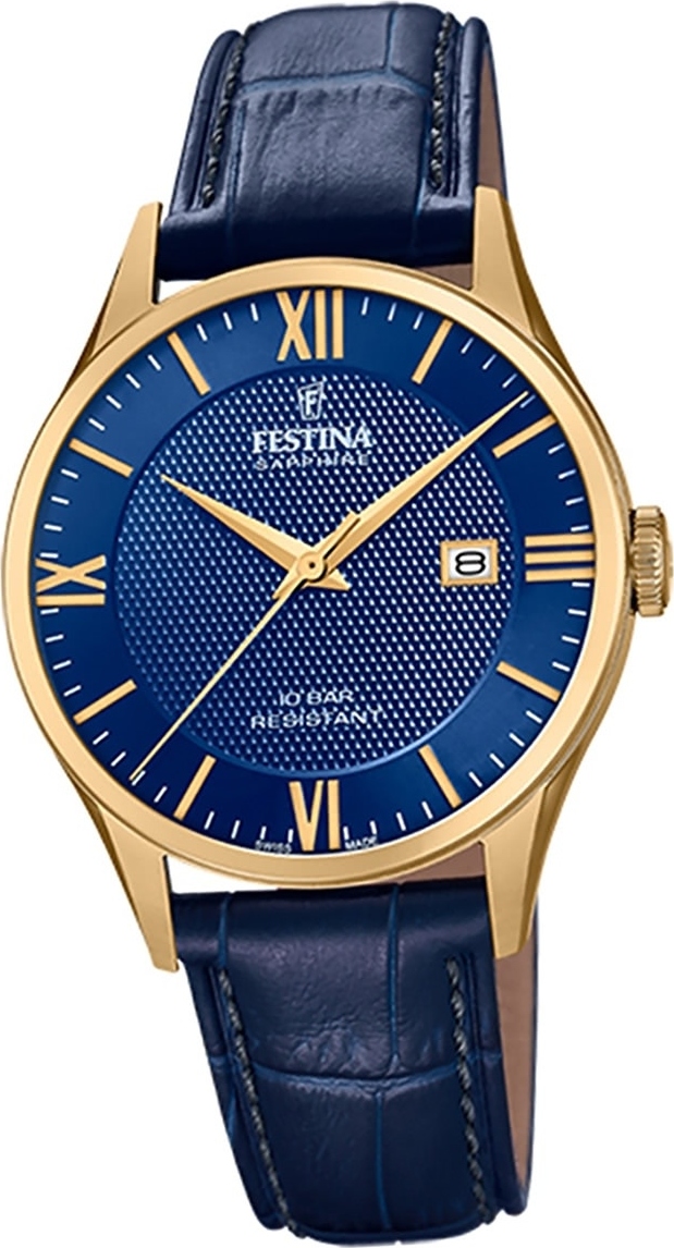 Pánske kožené hodinky Festina F20010/3 analógové náramkové hodinky modré Swiss Made D2UF20010/3
