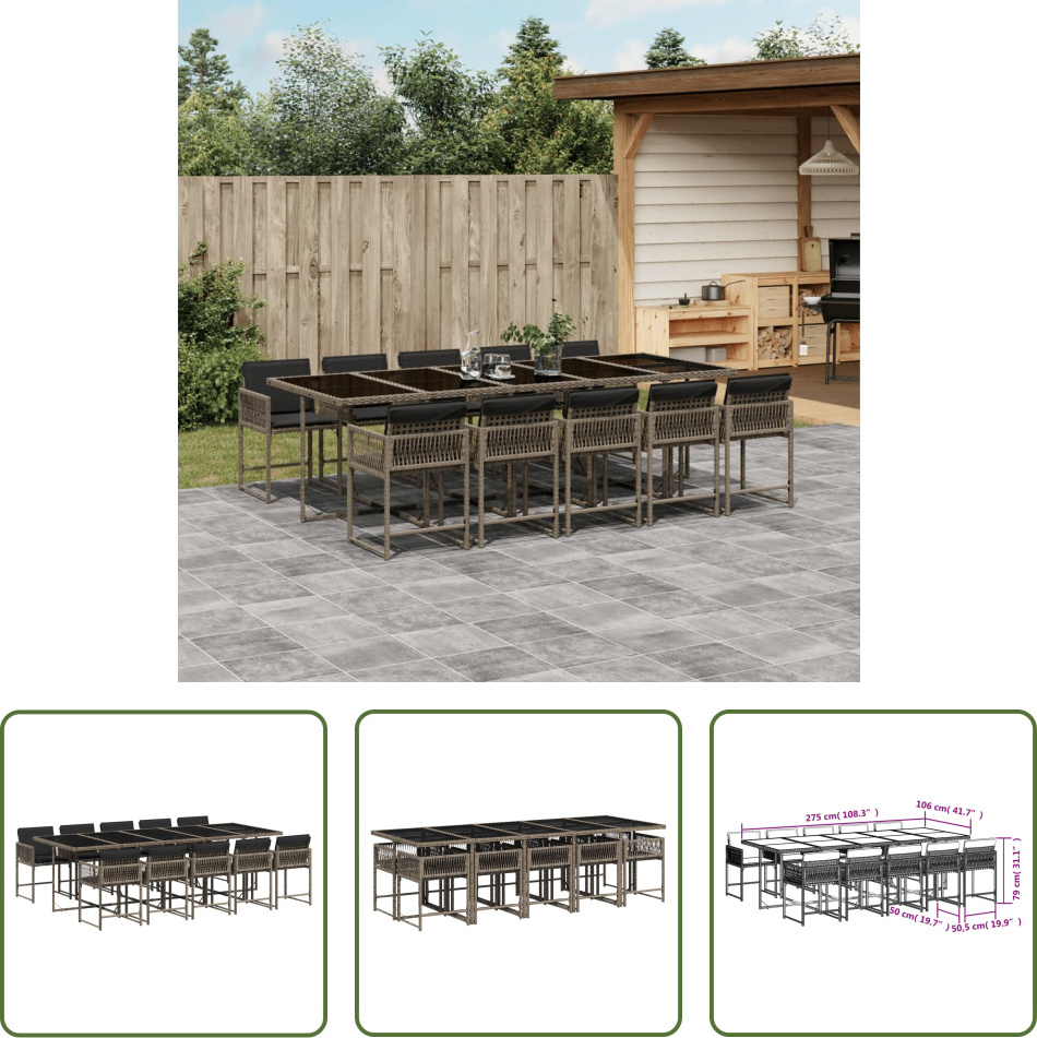 The Living Store 11-dielny záhradný jedálenský set s vankúšmi sivý polyratan