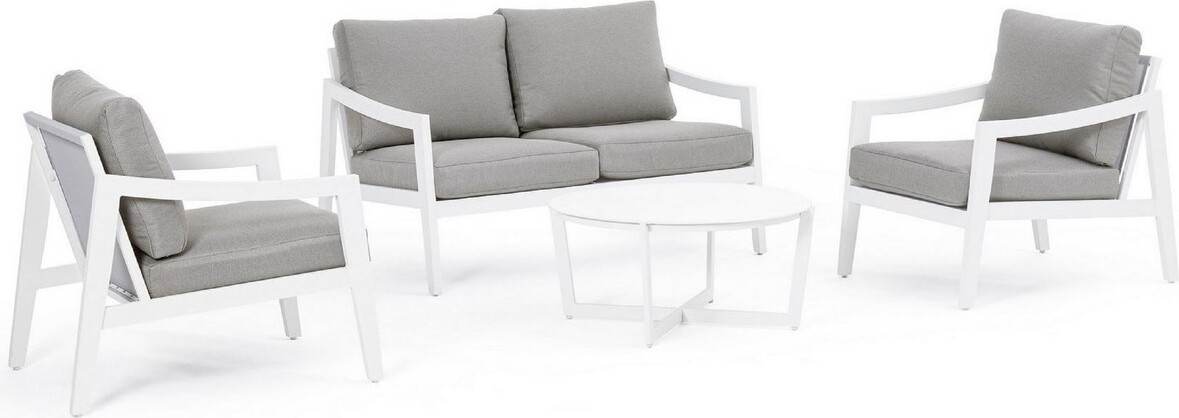 Casa Padrino Luxus Gartenmöbel Set Grau / Weiß - 1 Luxus Gartensofa & 2 Luxus Gartensessel & 1 Luxus Gartentisch - Garten Möbel - Hotel Möbel - Pool Möbel - Outdoor Möbel - Luxus Möbel